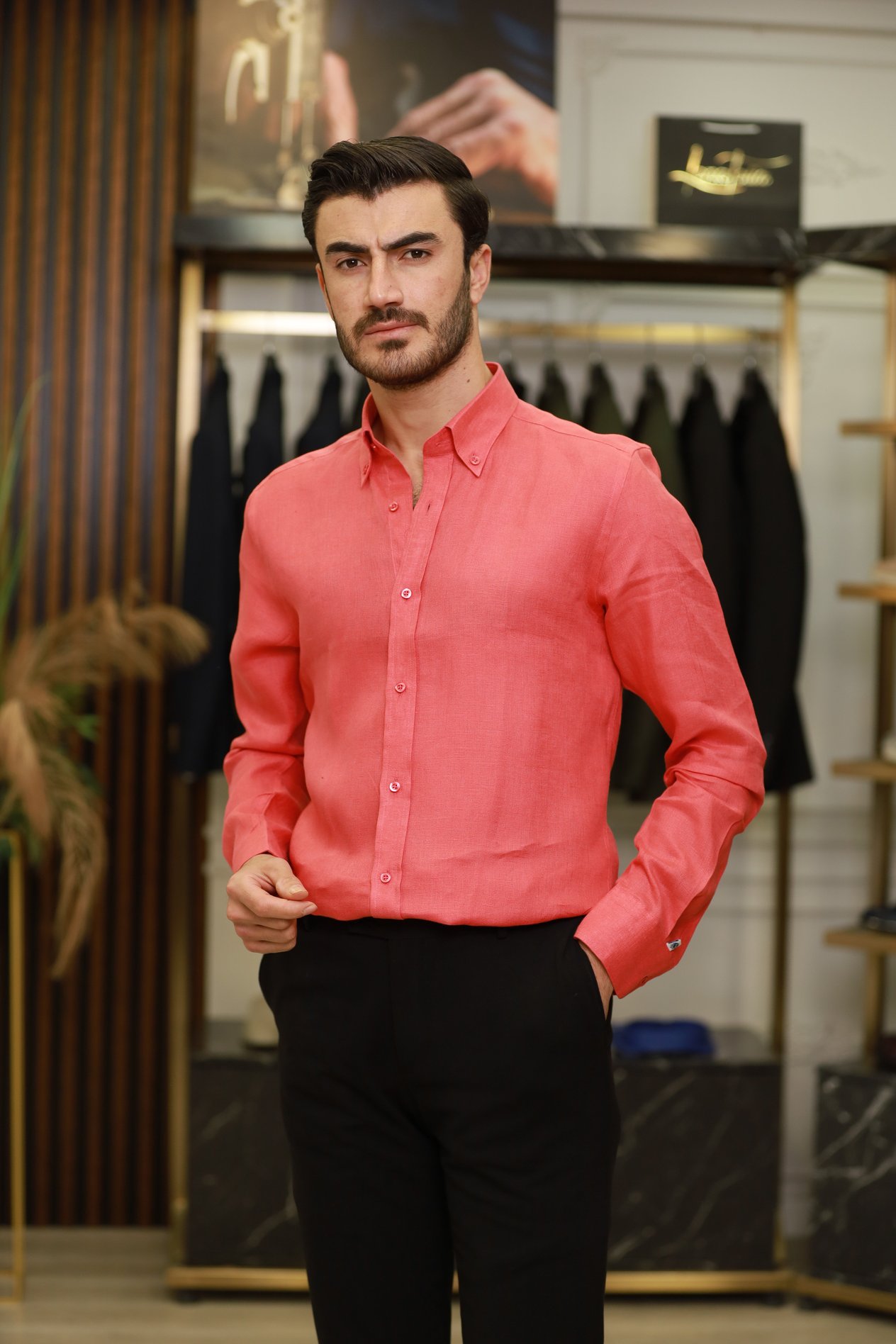 Erkek Regular Fit Keten Yaka Düğmeli Gömlek-Nar Çiçeği