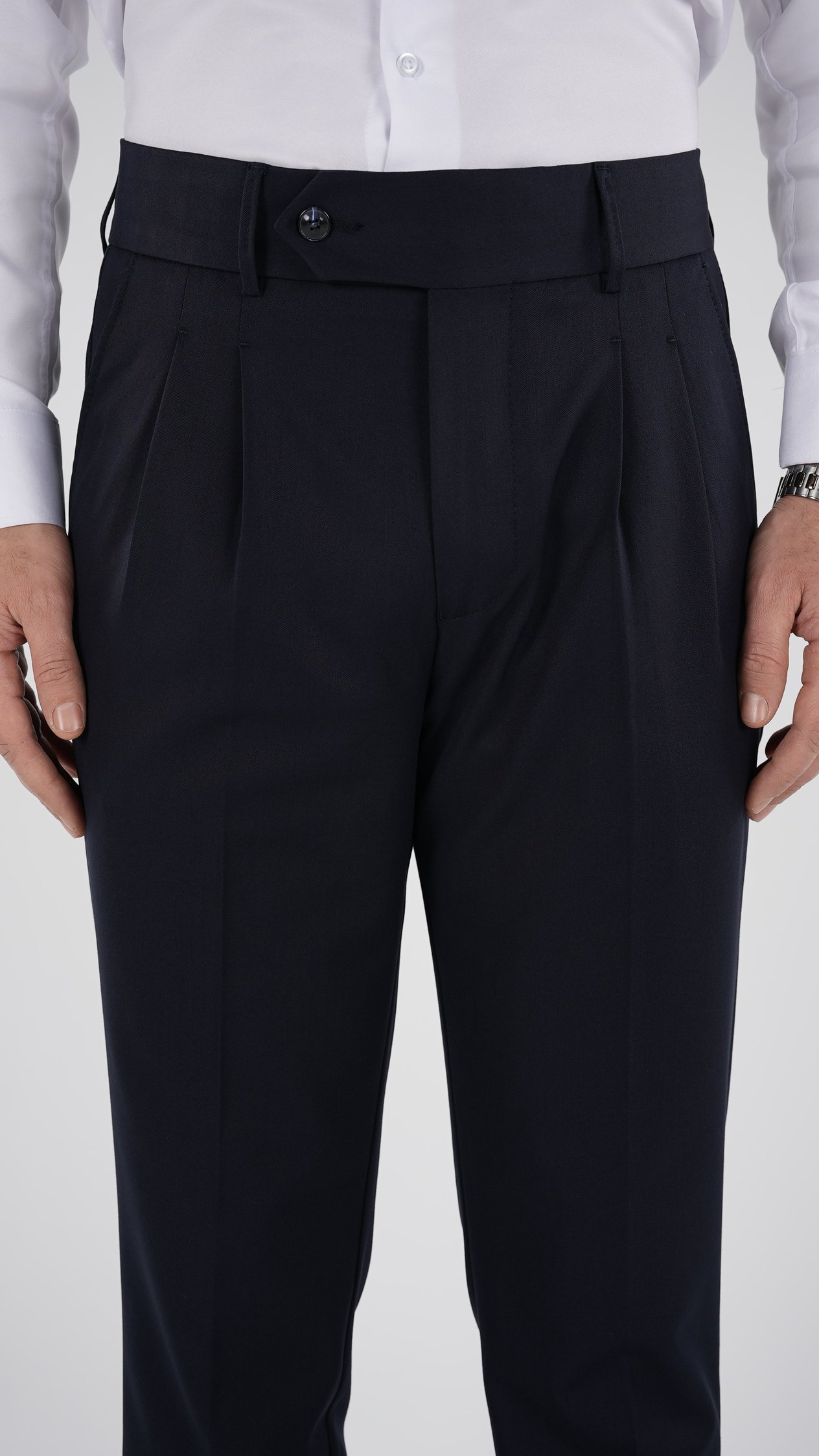 Erkek Regular Fit Yüksek Bel Piliseli Tokalı Kumaş Pantolon - Lacivert