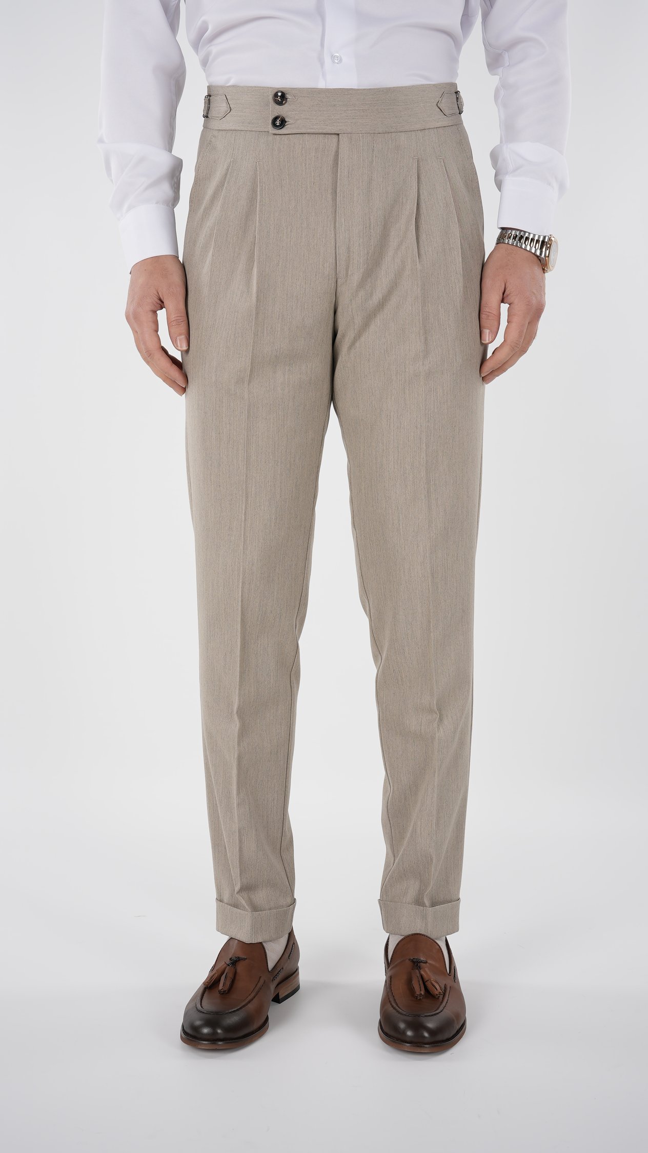 Erkek Regular Fit Yüksek Bel Piliseli-Tokalı Kumaş Pantolon - Krem