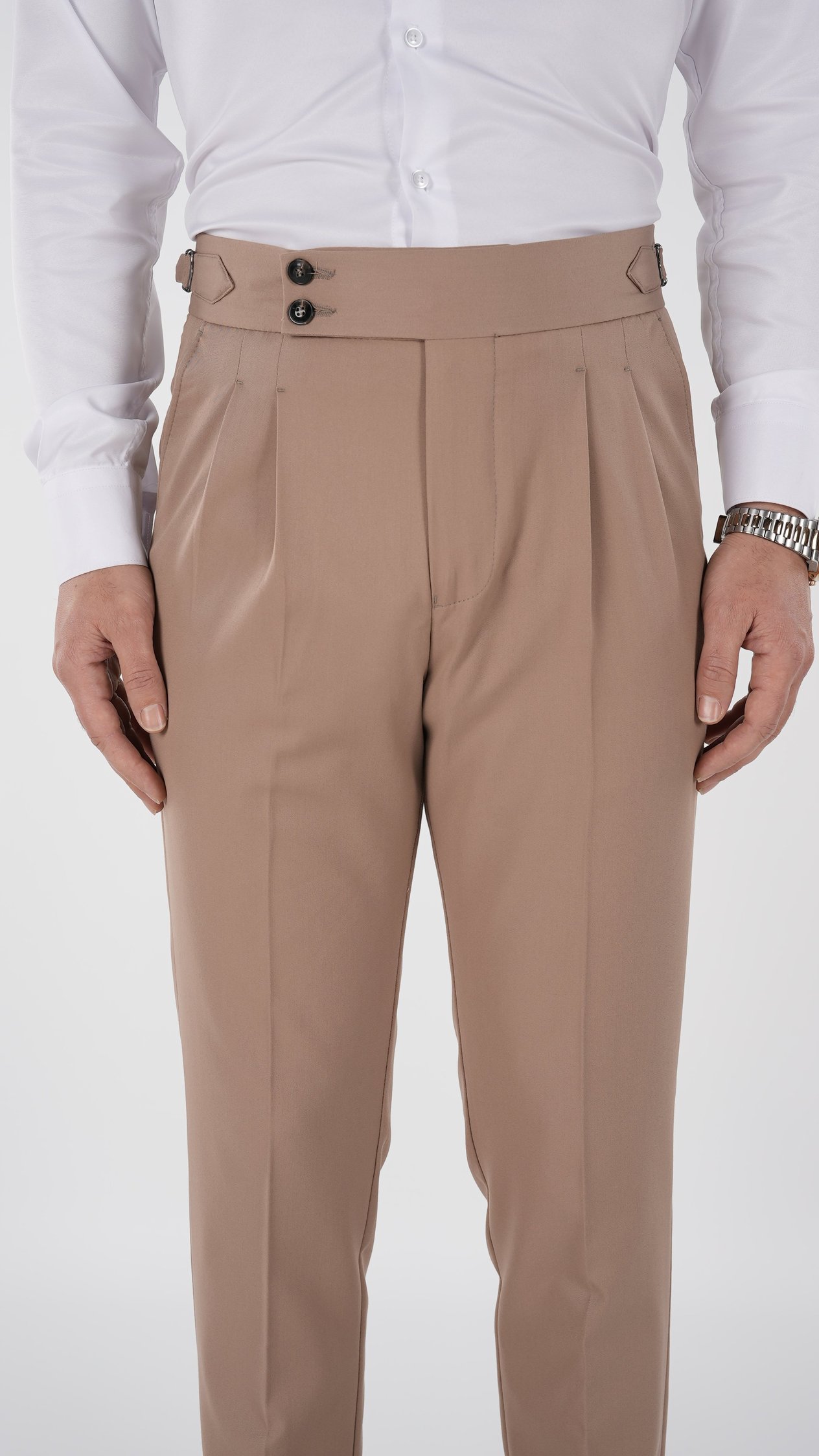 Erkek Regular Fit Yüksek Bel Piliseli-Tokalı Kumaş Pantolon - Taba