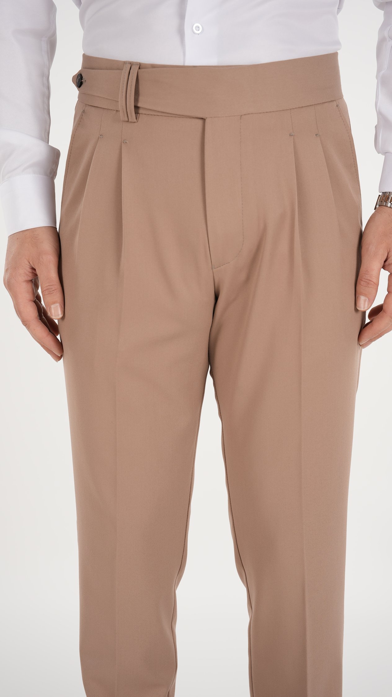 Erkek Regular Fit Yüksek Bel Piliseli Kumaş Pantolon - Taba