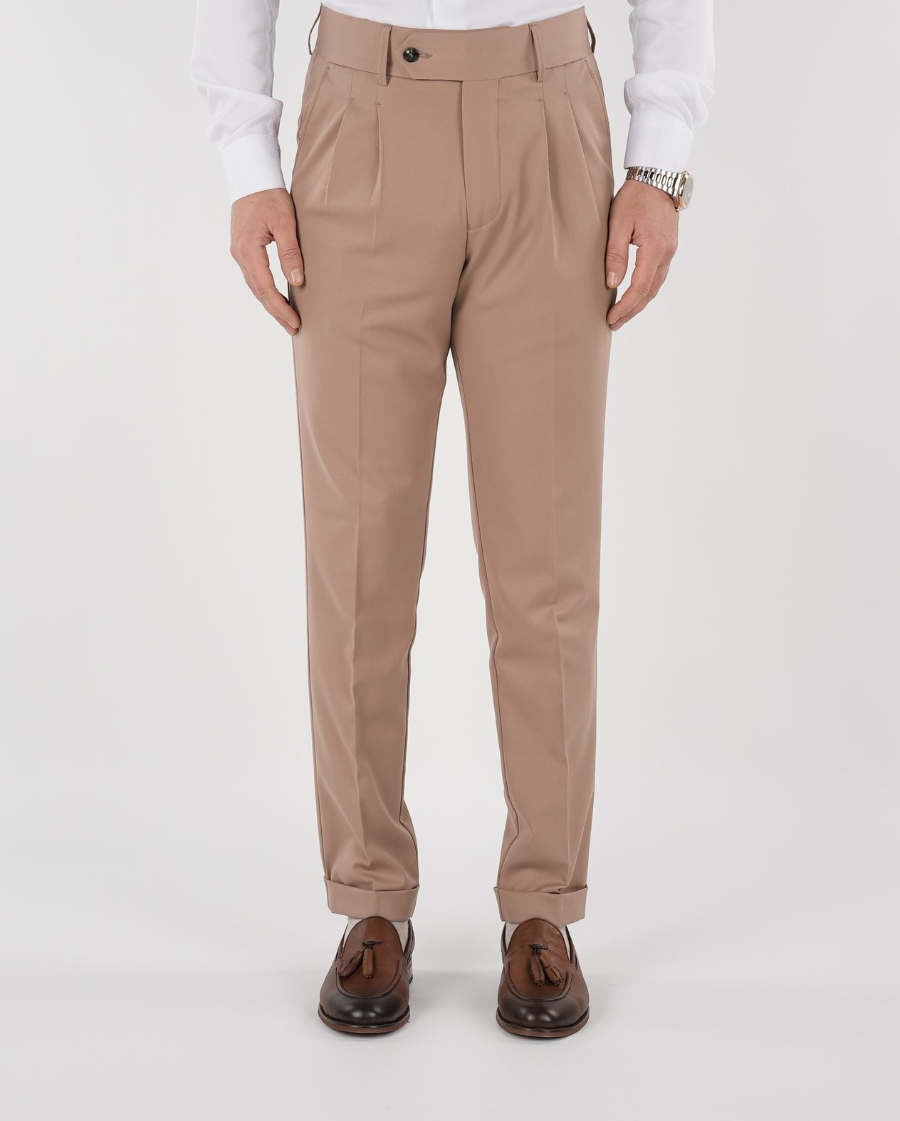 Erkek Regular Fit Yüksek Bel Piliseli Tokalı Kumaş Pantolon - Taba