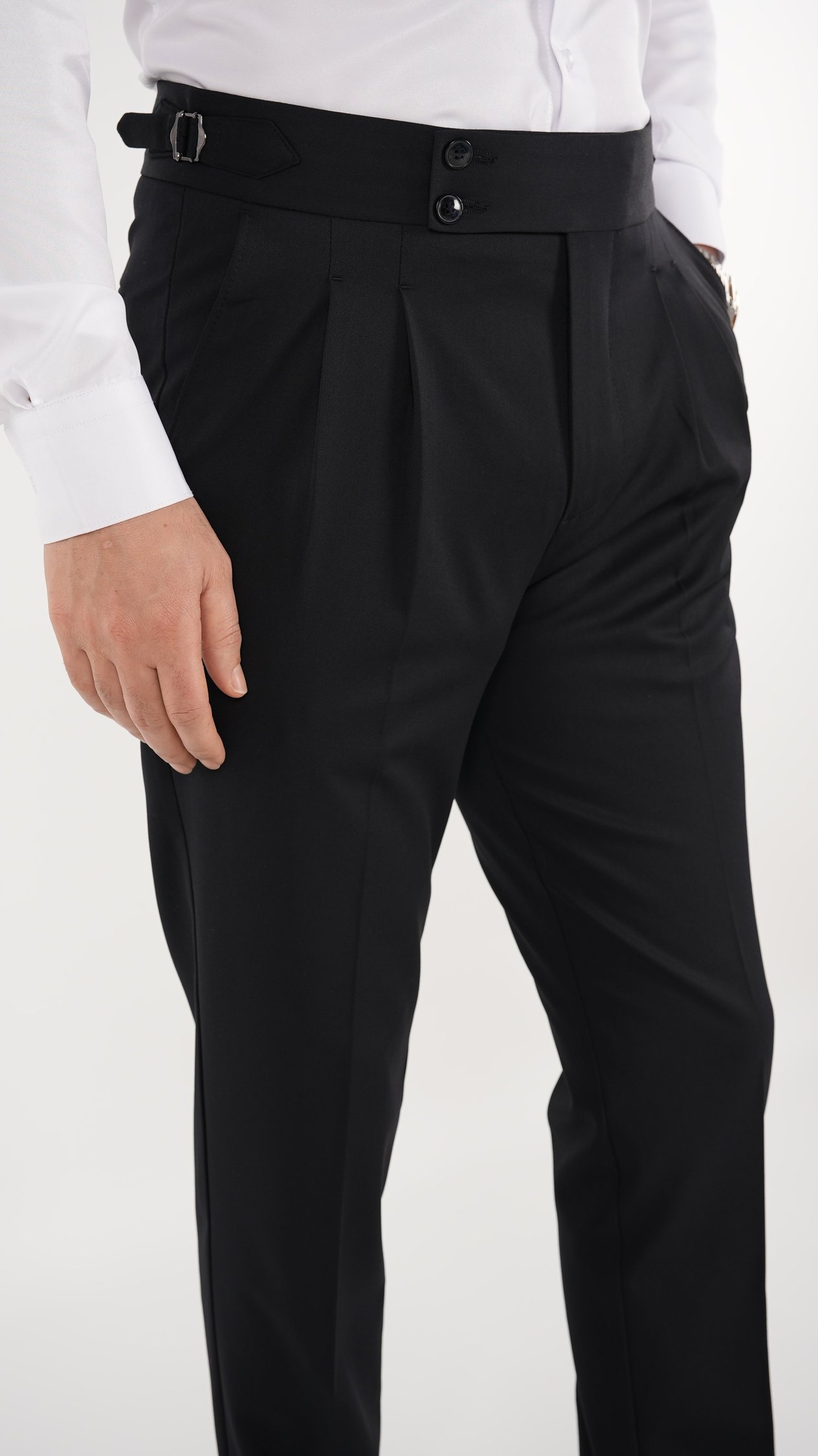 Erkek Regular Fit Yüksek Bel Piliseli Tokalı Kumaş Pantolon - Koyu Lacivert