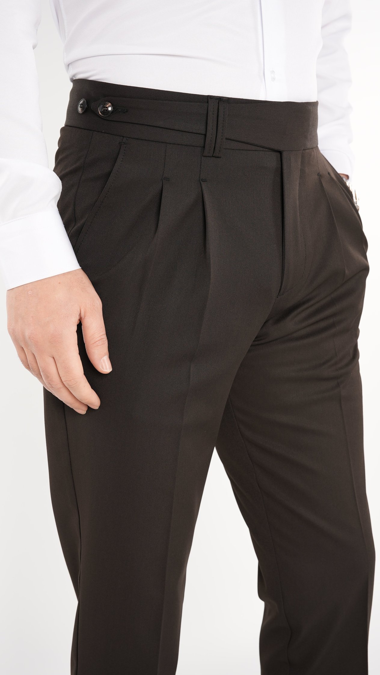 Erkek Regular Fit Yüksek Bel Piliseli Kumaş Pantolon - Acı Kahve