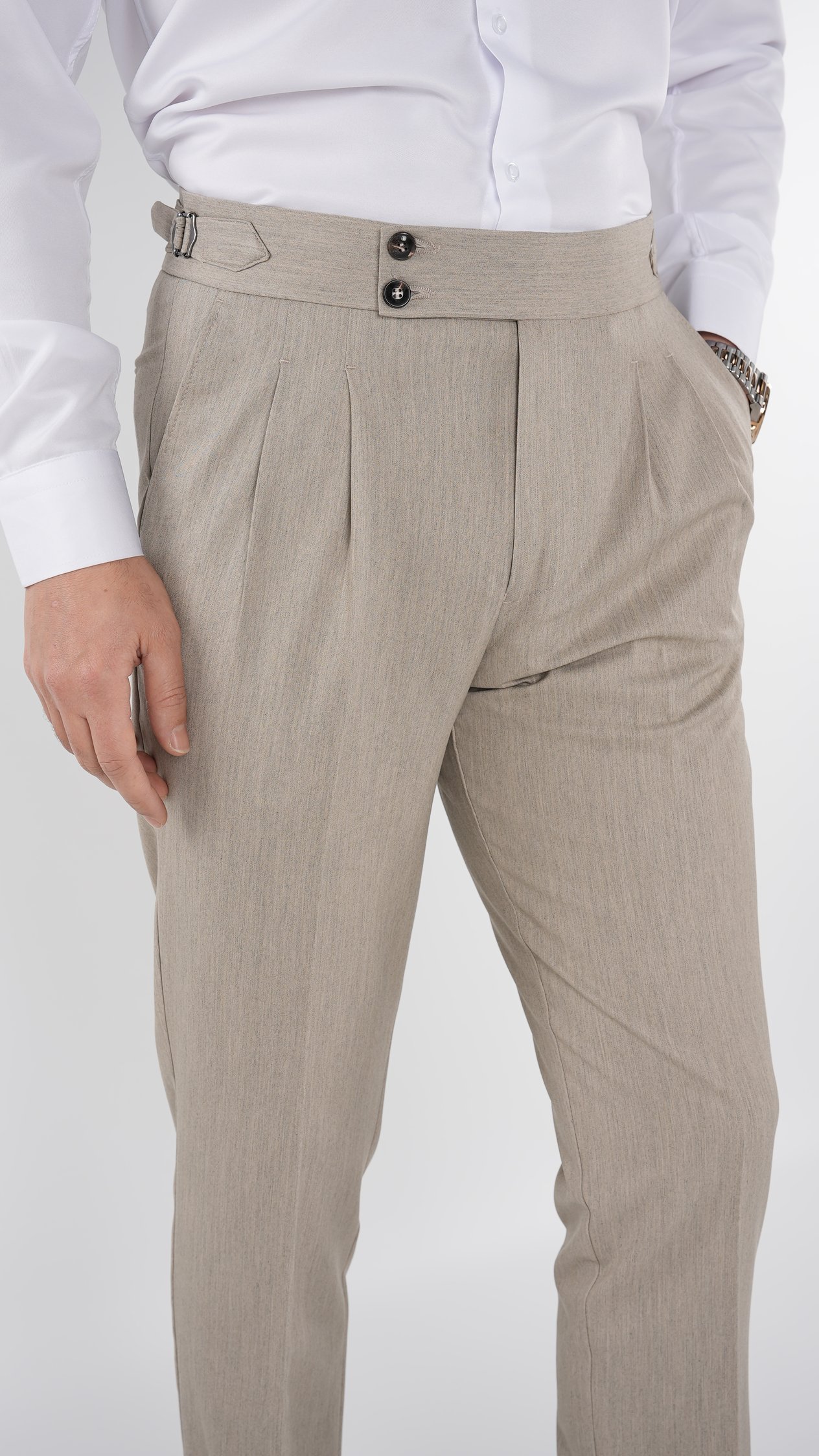 Erkek Regular Fit Yüksek Bel Piliseli-Tokalı Kumaş Pantolon - Krem