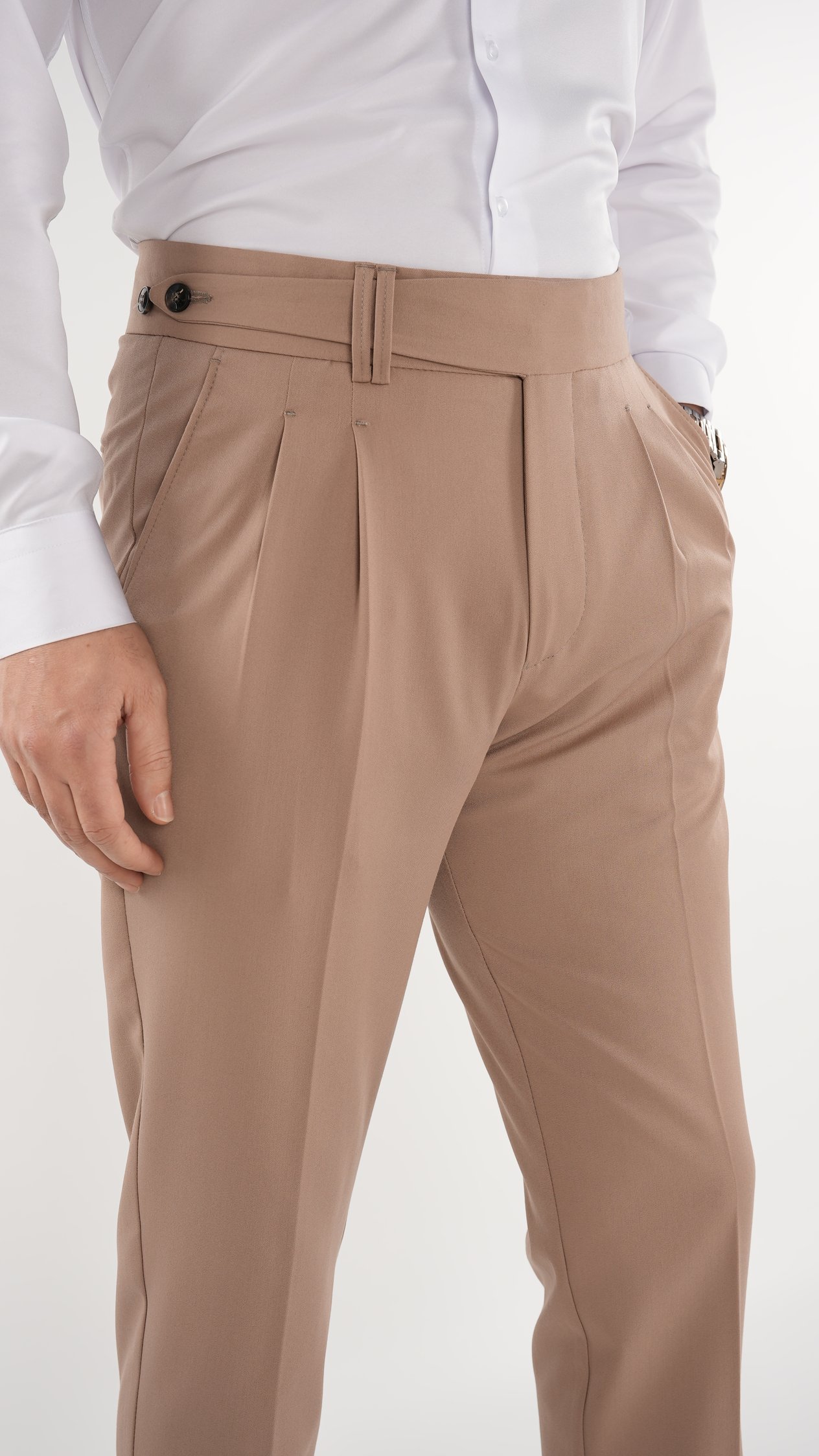 Erkek Regular Fit Yüksek Bel Piliseli Kumaş Pantolon - Taba