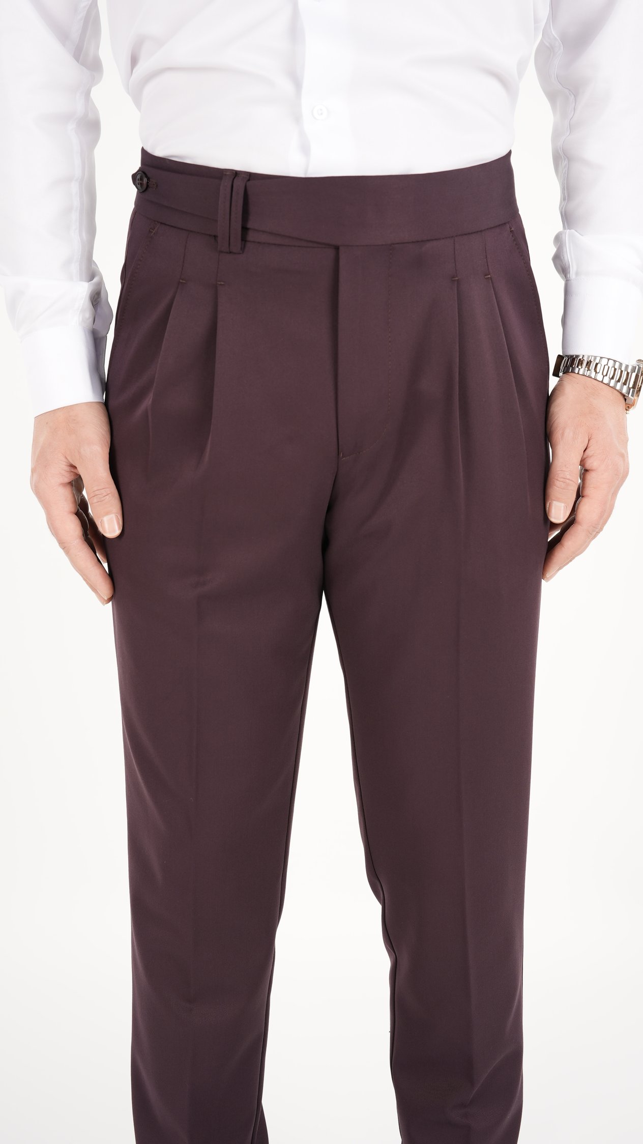 Erkek Regular Fit Yüksek Bel Piliseli Kumaş Pantolon - Bordo