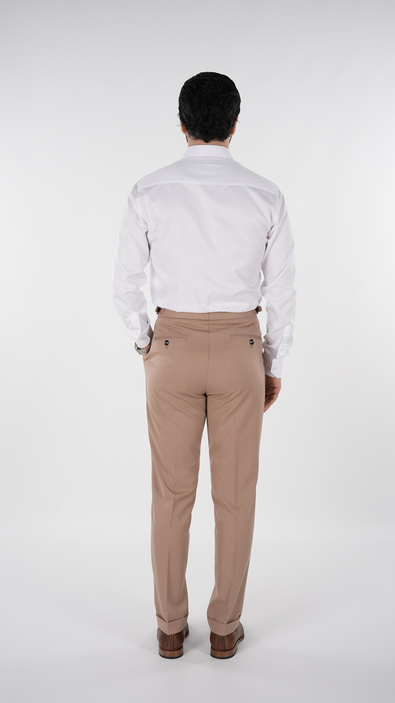 Erkek Regular Fit Yüksek Bel Piliseli-Tokalı Kumaş Pantolon - Taba