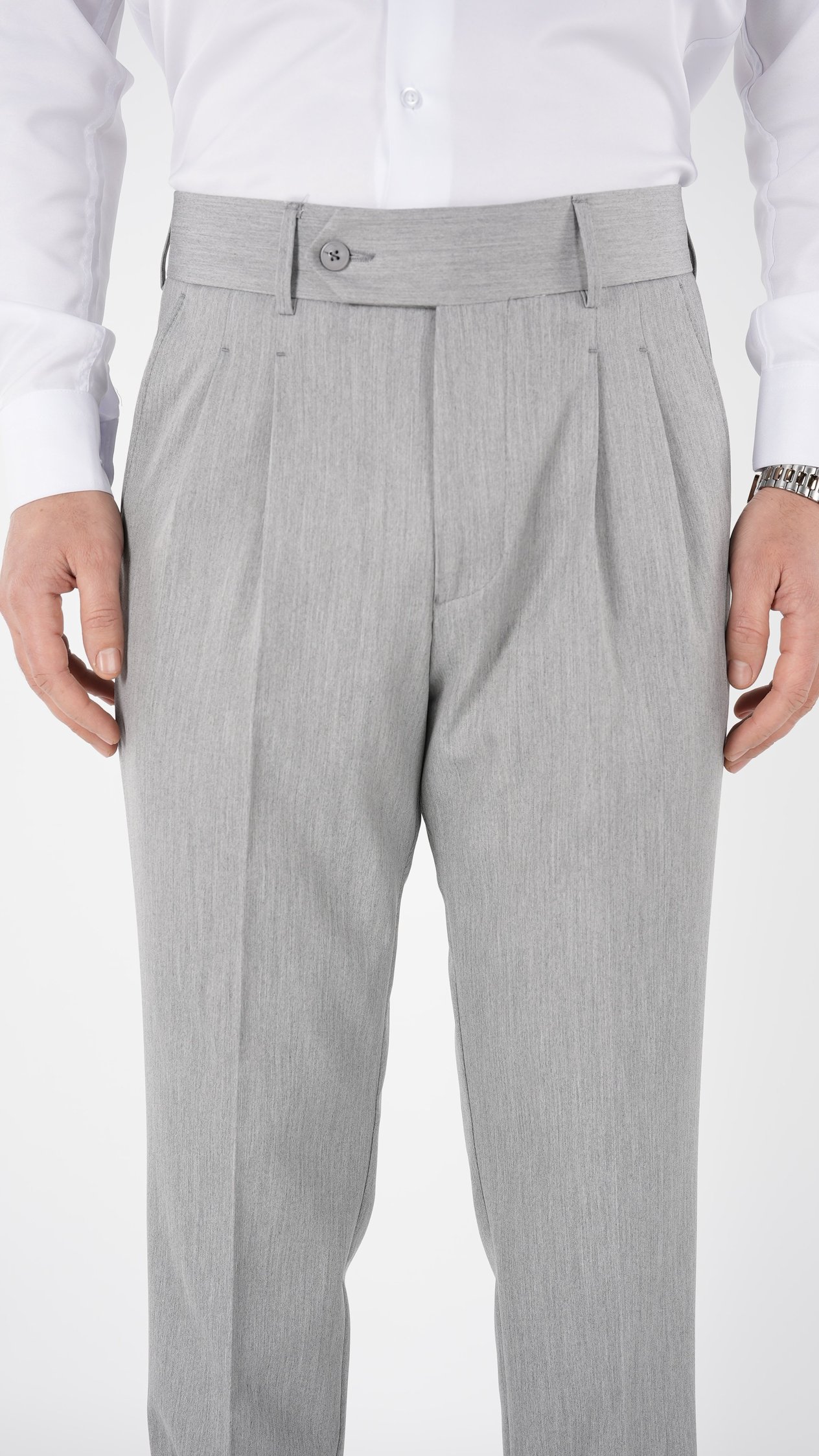 Erkek Regular Fit Yüksek Bel Piliseli Tokalı Kumaş Pantolon - Gri