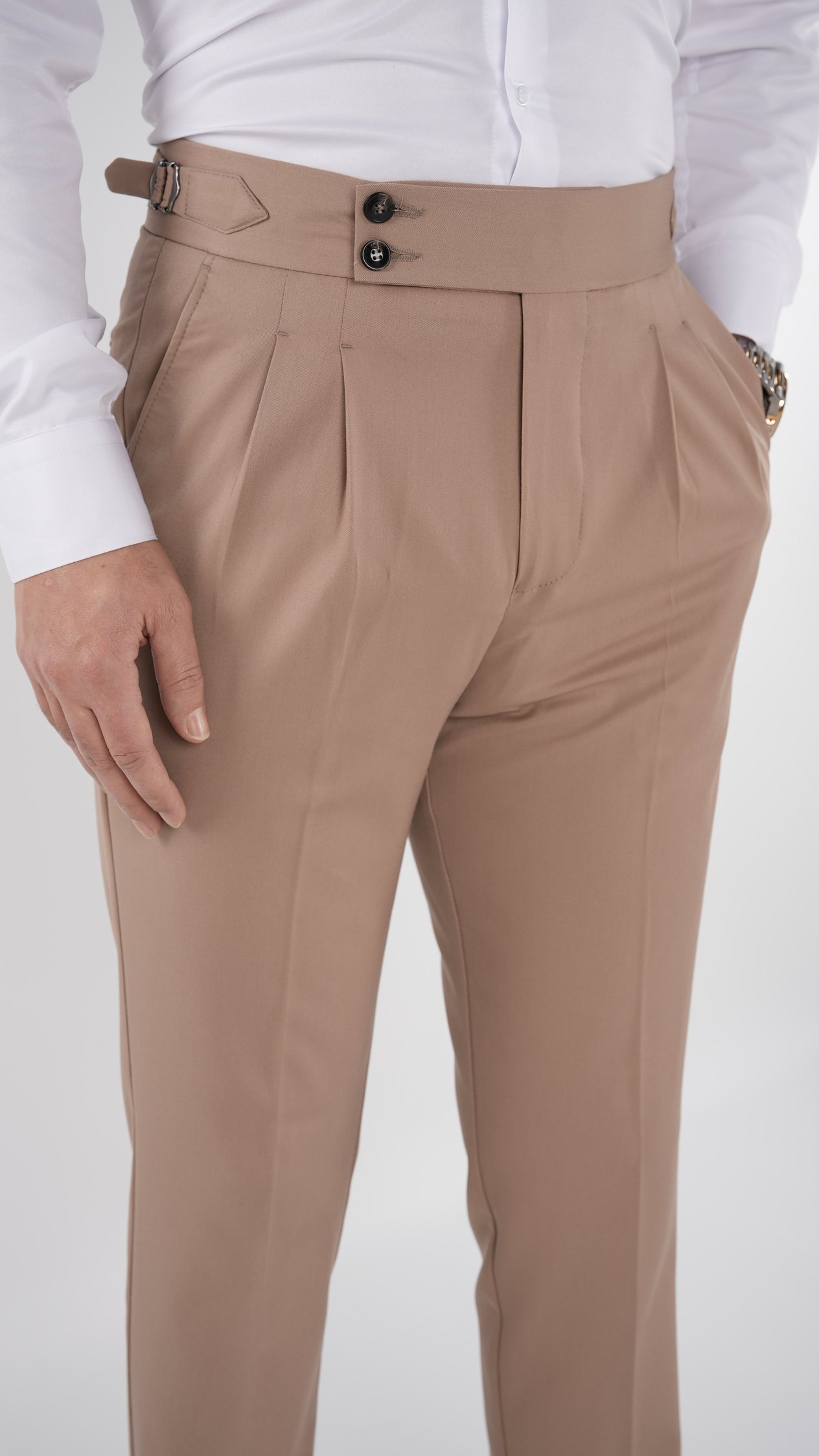 Erkek Regular Fit Yüksek Bel Piliseli-Tokalı Kumaş Pantolon - Taba