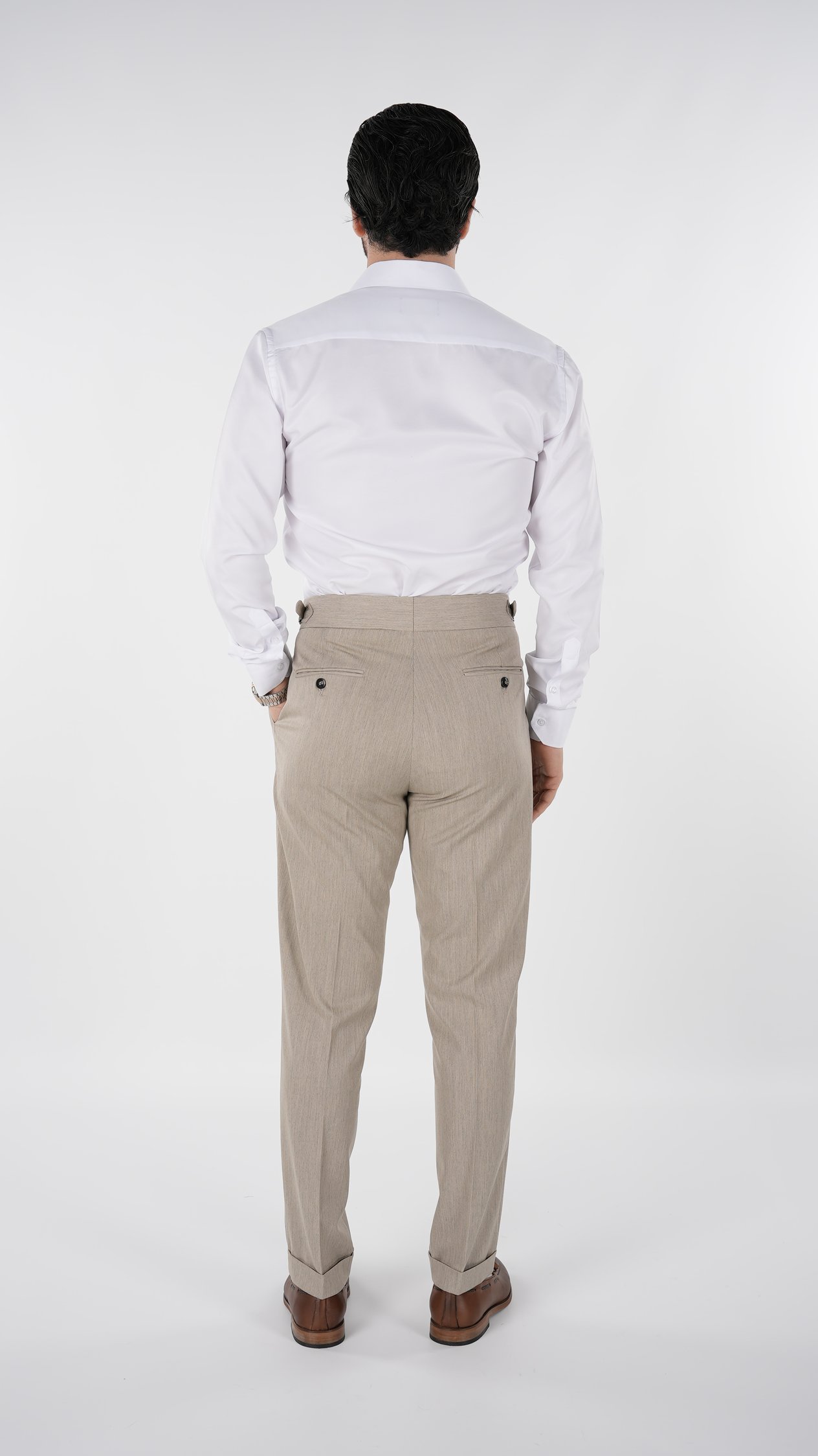 Erkek Regular Fit Yüksek Bel Piliseli-Tokalı Kumaş Pantolon - Krem