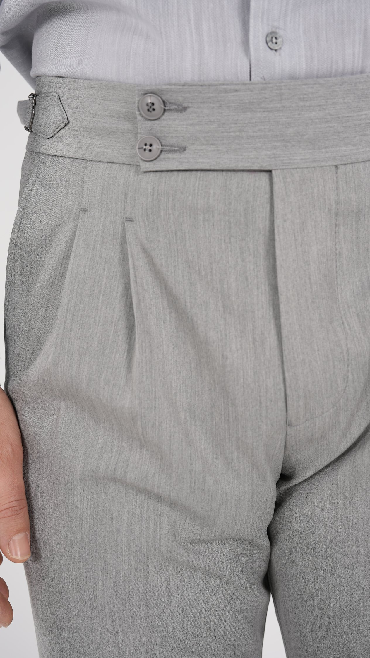 Erkek Regular Fit Yüksek Bel Piliseli-Tokalı Kumaş Pantolon - Gri