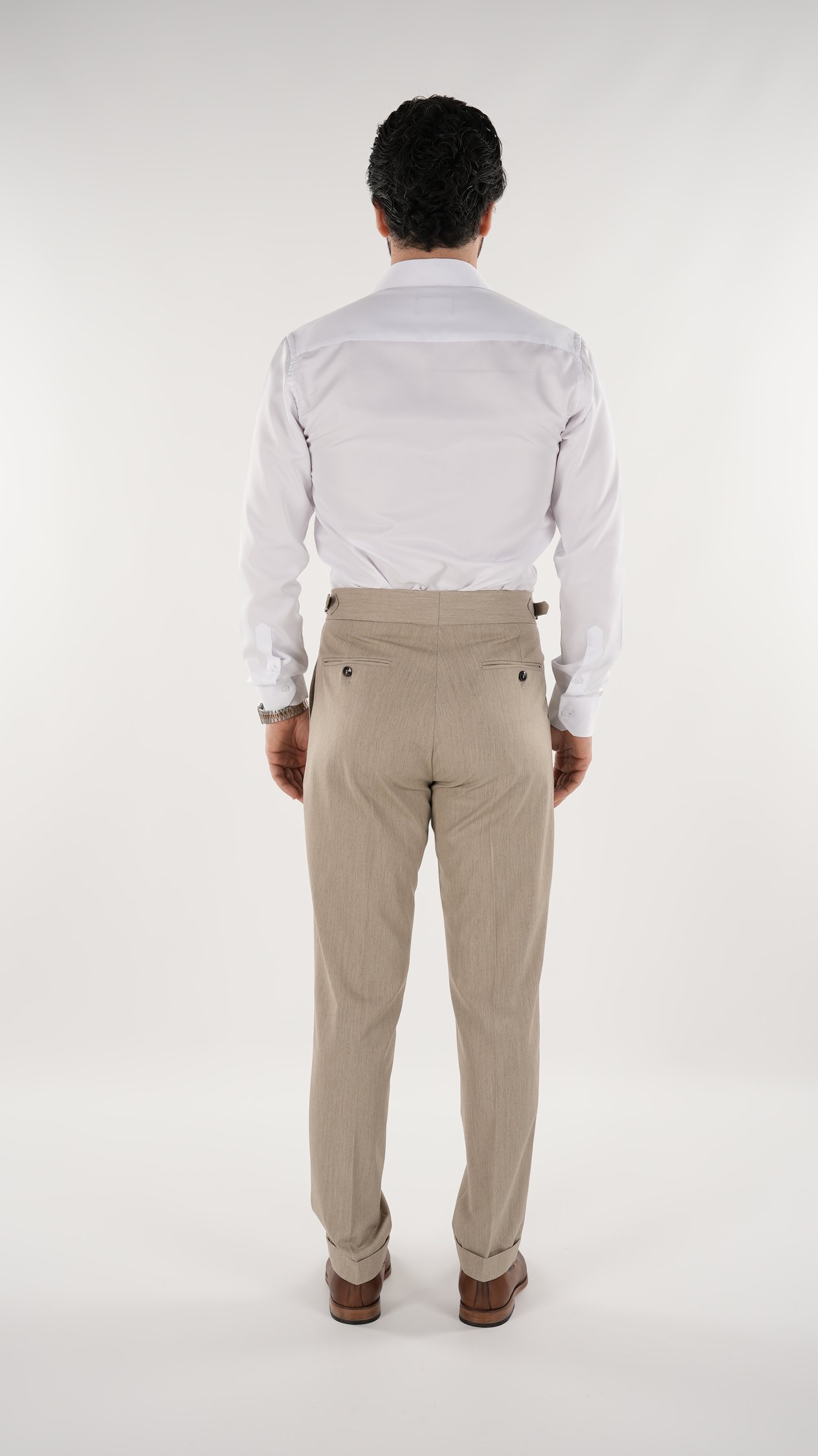 Erkek Regular Fit Yüksek Bel Piliseli Tokalı Kumaş Pantolon - Krem