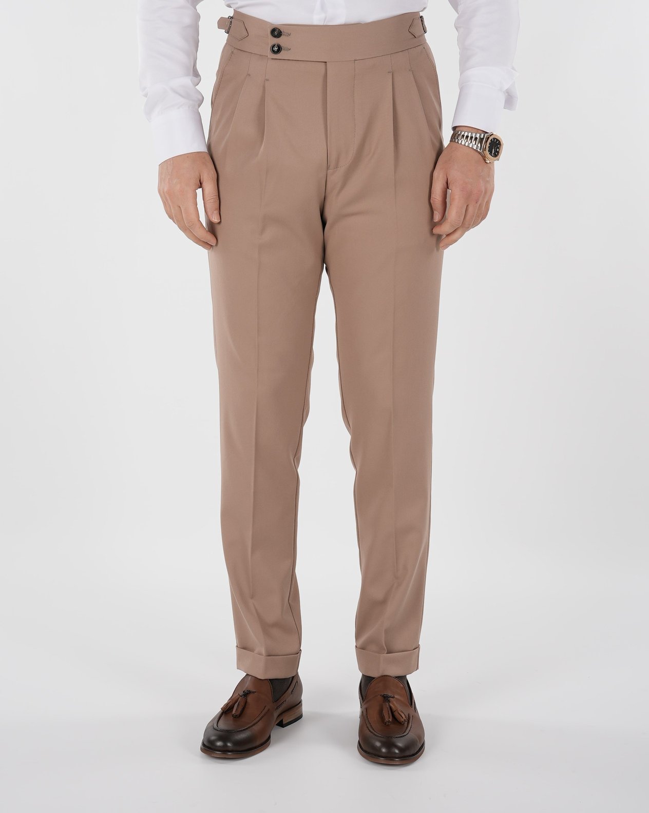 Erkek Regular Fit Yüksek Bel Piliseli-Tokalı Kumaş Pantolon - Taba