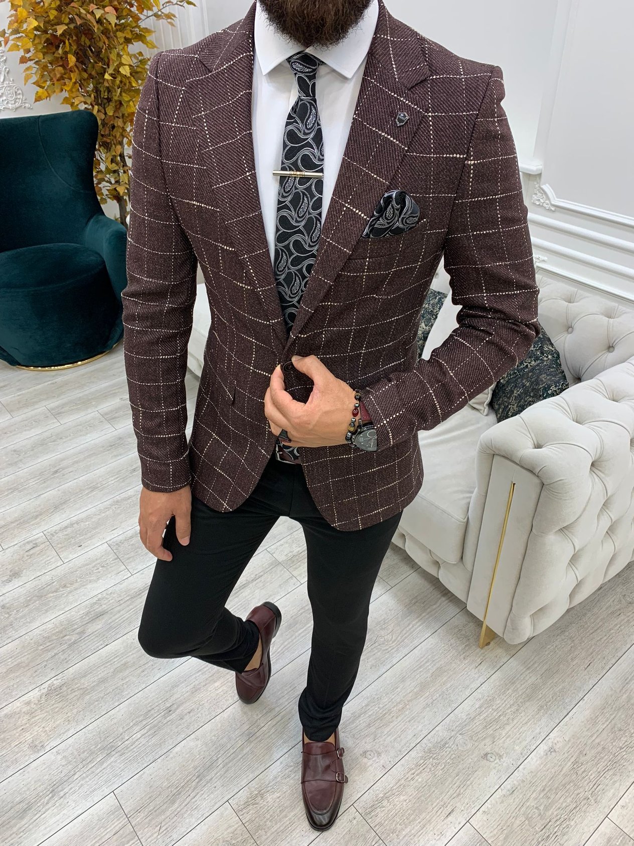 Erkek Slim Fit Ceket - Bordo