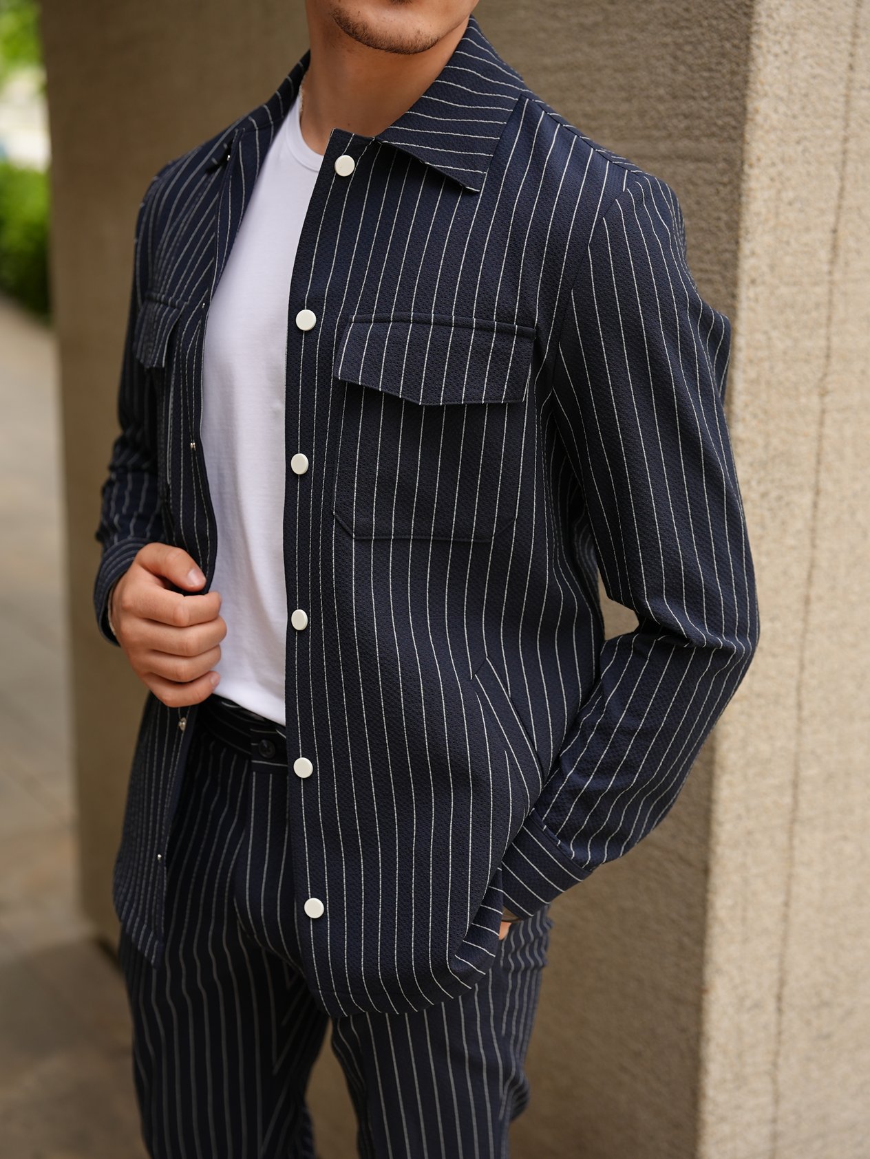 Erkek Slim Fit Çizgili Beli Lastikli İpli Safari Takım Elbise Ceket Pantolon - Lacivert
