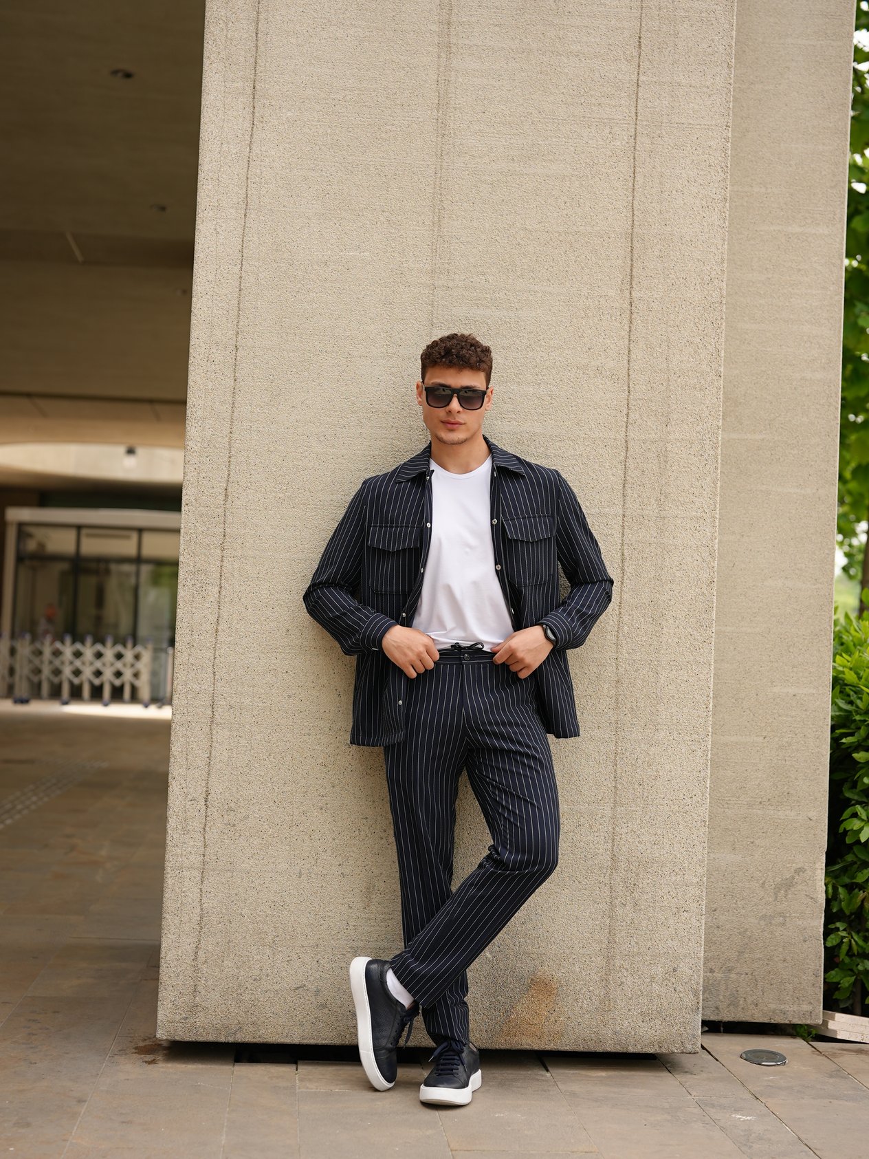 Erkek Slim Fit Çizgili Beli Lastikli İpli Safari Takım Elbise Ceket Pantolon - Lacivert