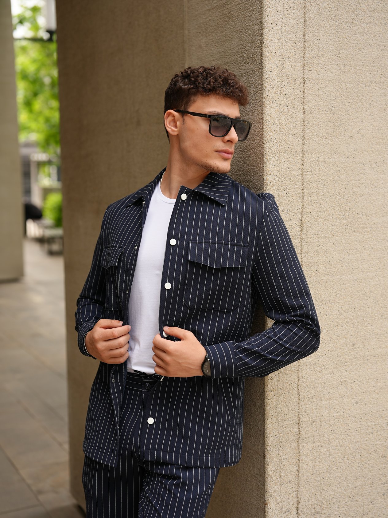 Erkek Slim Fit Çizgili Beli Lastikli İpli Safari Takım Elbise Ceket Pantolon - Lacivert