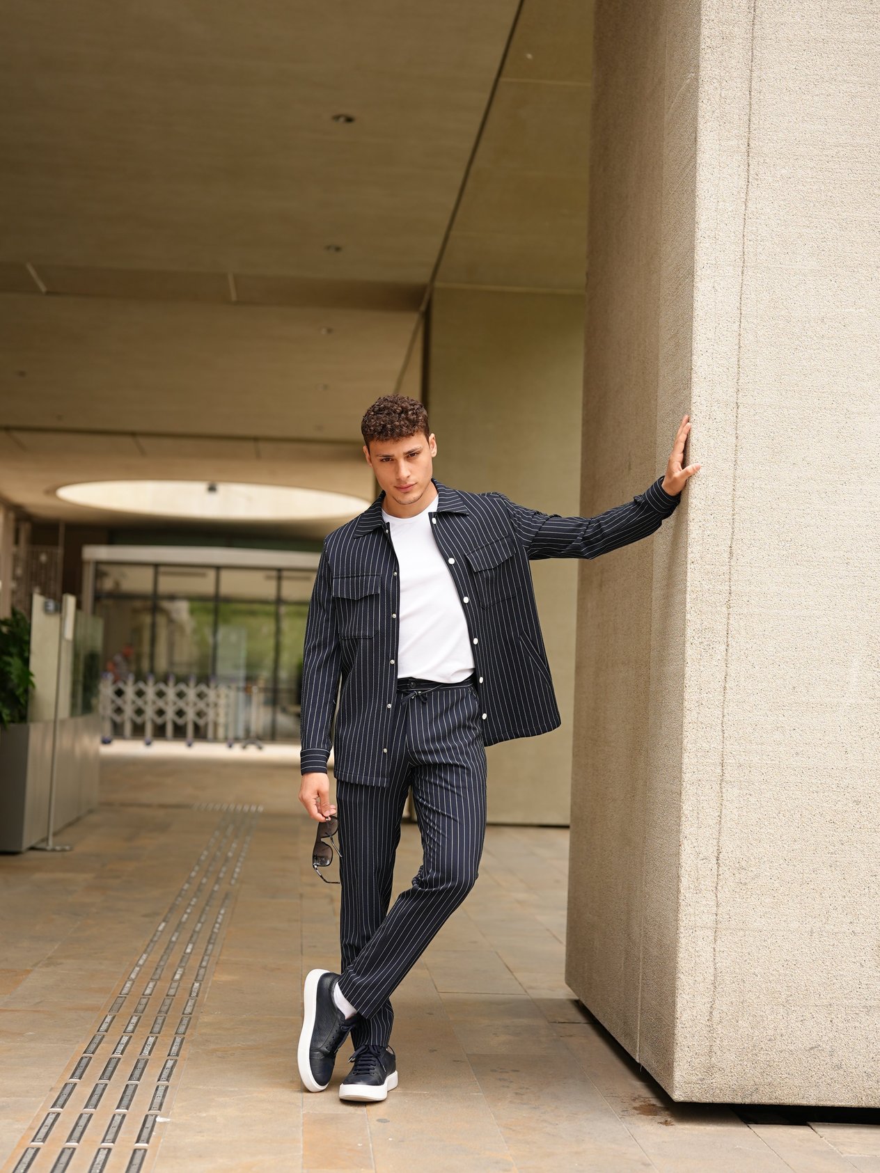 Erkek Slim Fit Çizgili Beli Lastikli İpli Safari Takım Elbise Ceket Pantolon - Lacivert