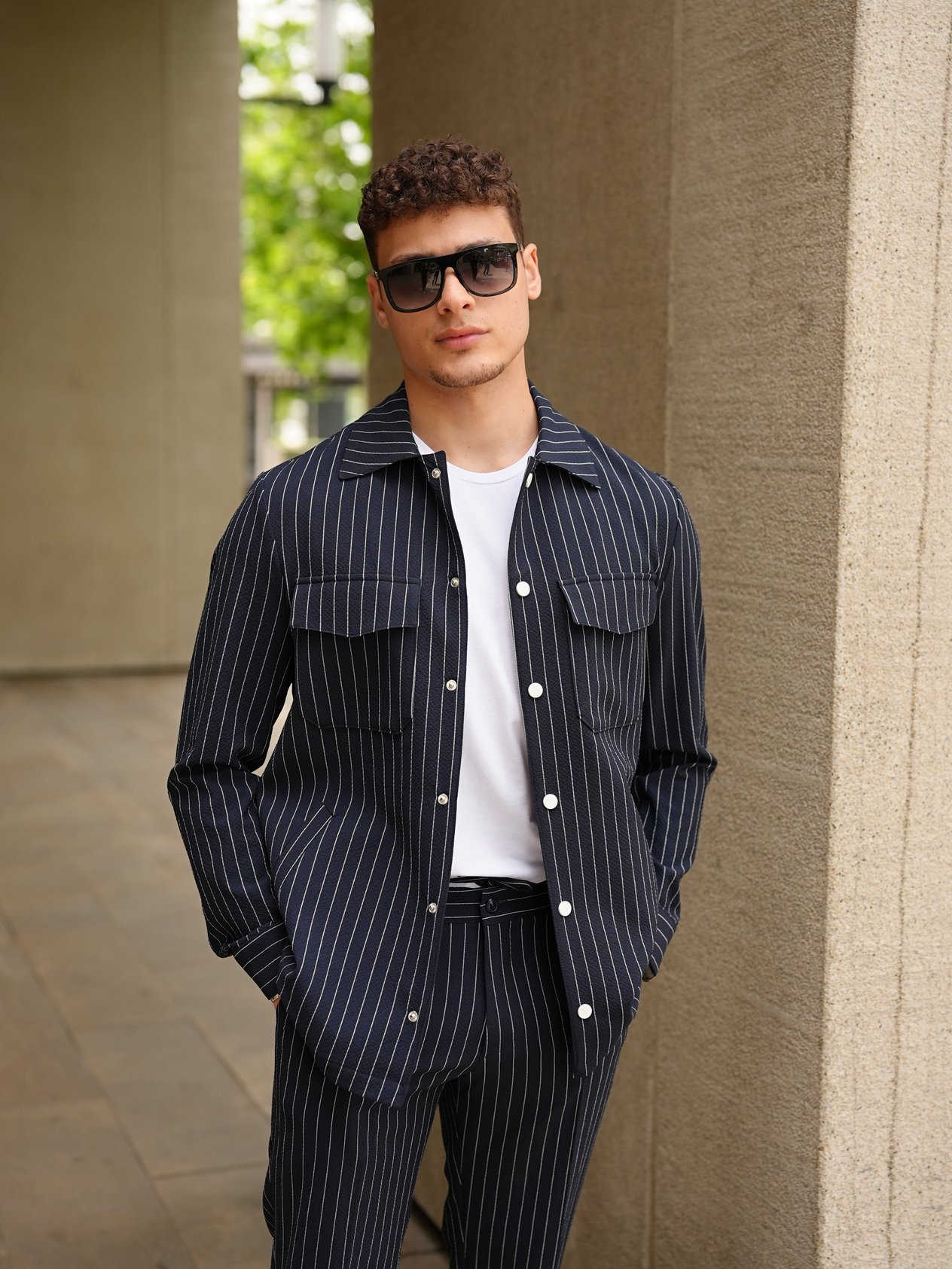Erkek Slim Fit Çizgili Beli Lastikli İpli Safari Takım Elbise Ceket Pantolon - Lacivert
