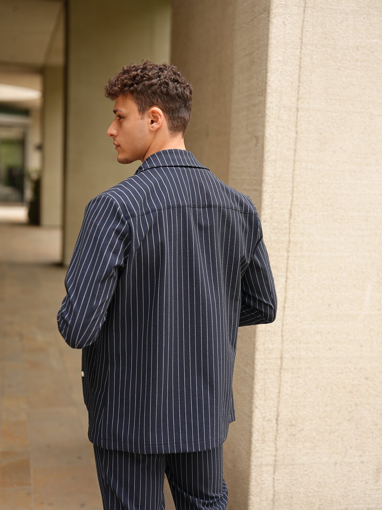 Erkek Slim Fit Çizgili Beli Lastikli İpli Safari Takım Elbise Ceket Pantolon - Lacivert