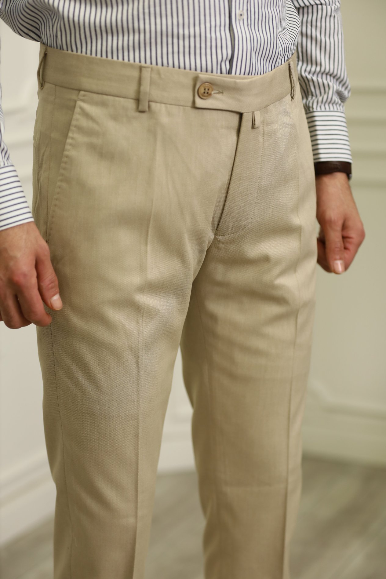 Erkek Slim Fit İtalyan Stil Kanvas Pantolon-Krem