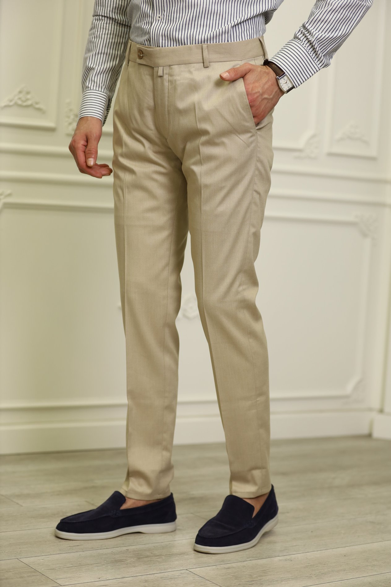 Erkek Slim Fit İtalyan Stil Kanvas Pantolon-Krem