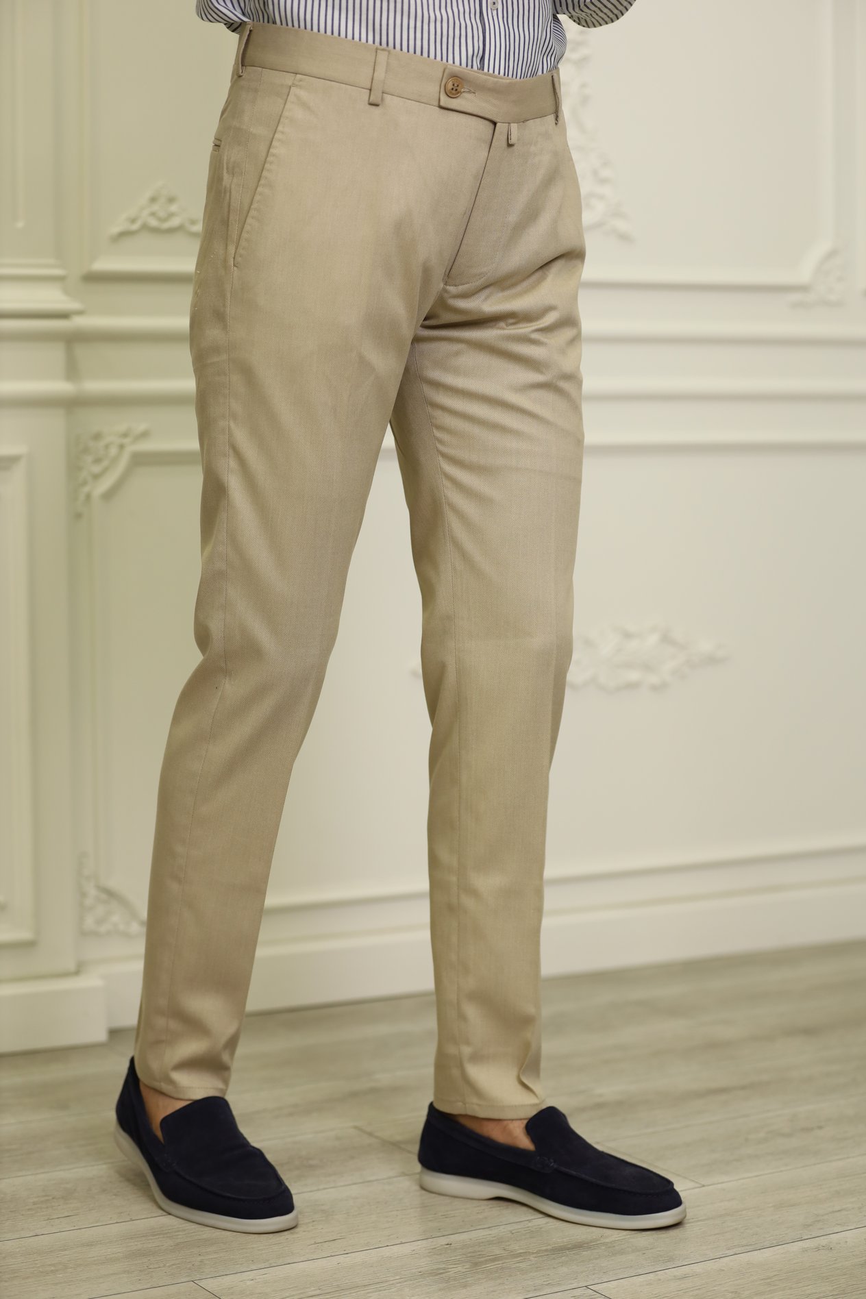 Erkek Slim Fit İtalyan Stil Kanvas Pantolon-Krem