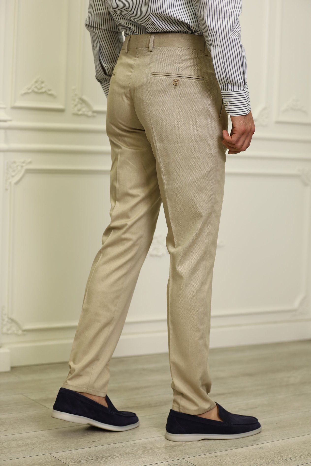 Erkek Slim Fit İtalyan Stil Kanvas Pantolon-Krem