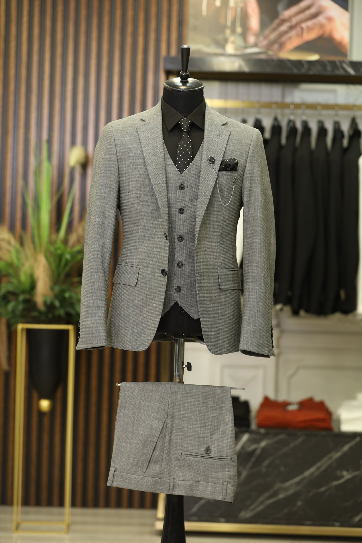 Erkek Slim Fit İtalyan Stil Mono Yaka Takım Elbise - Gri