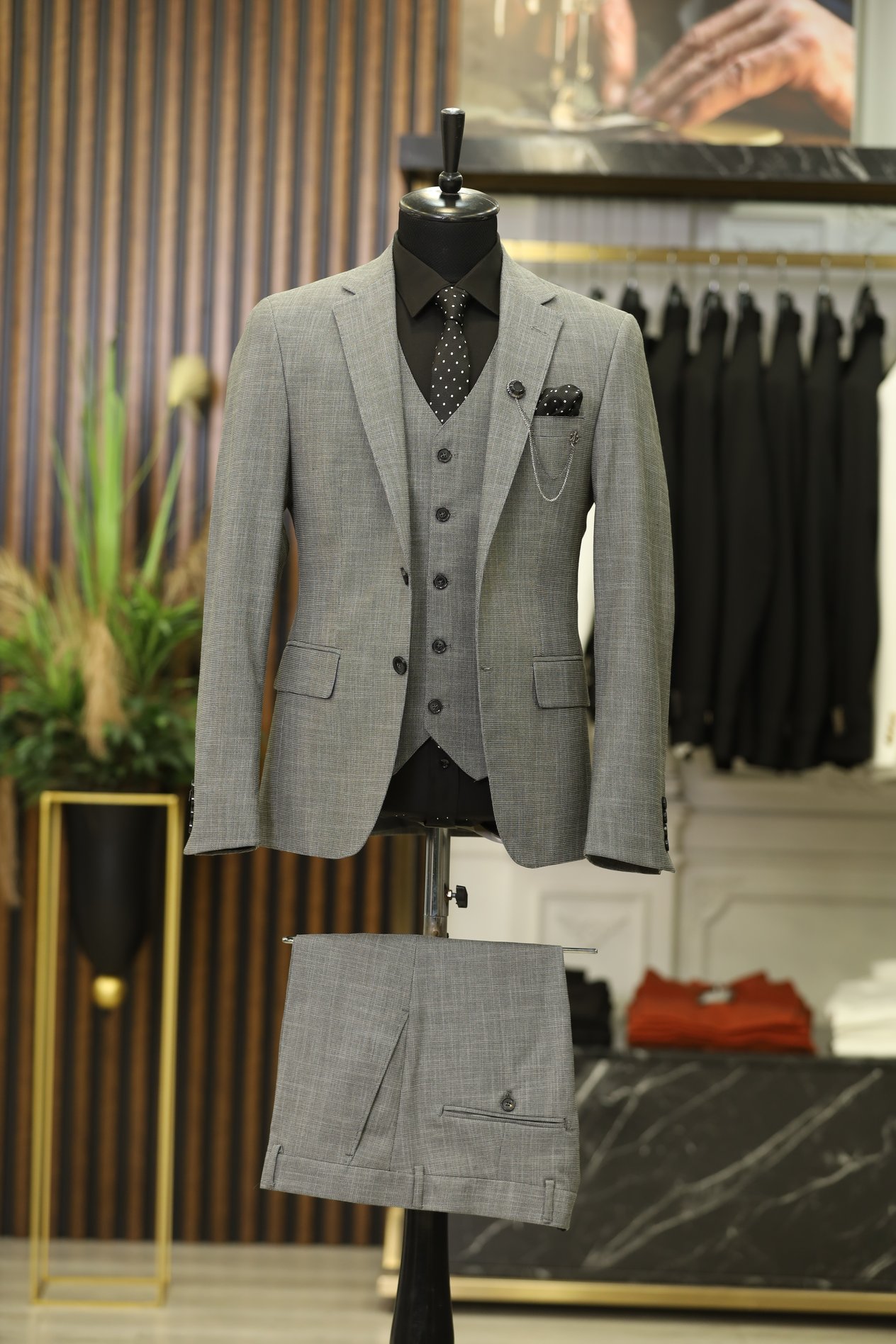 Erkek Slim Fit İtalyan Stil Mono Yaka Takım Elbise - Gri