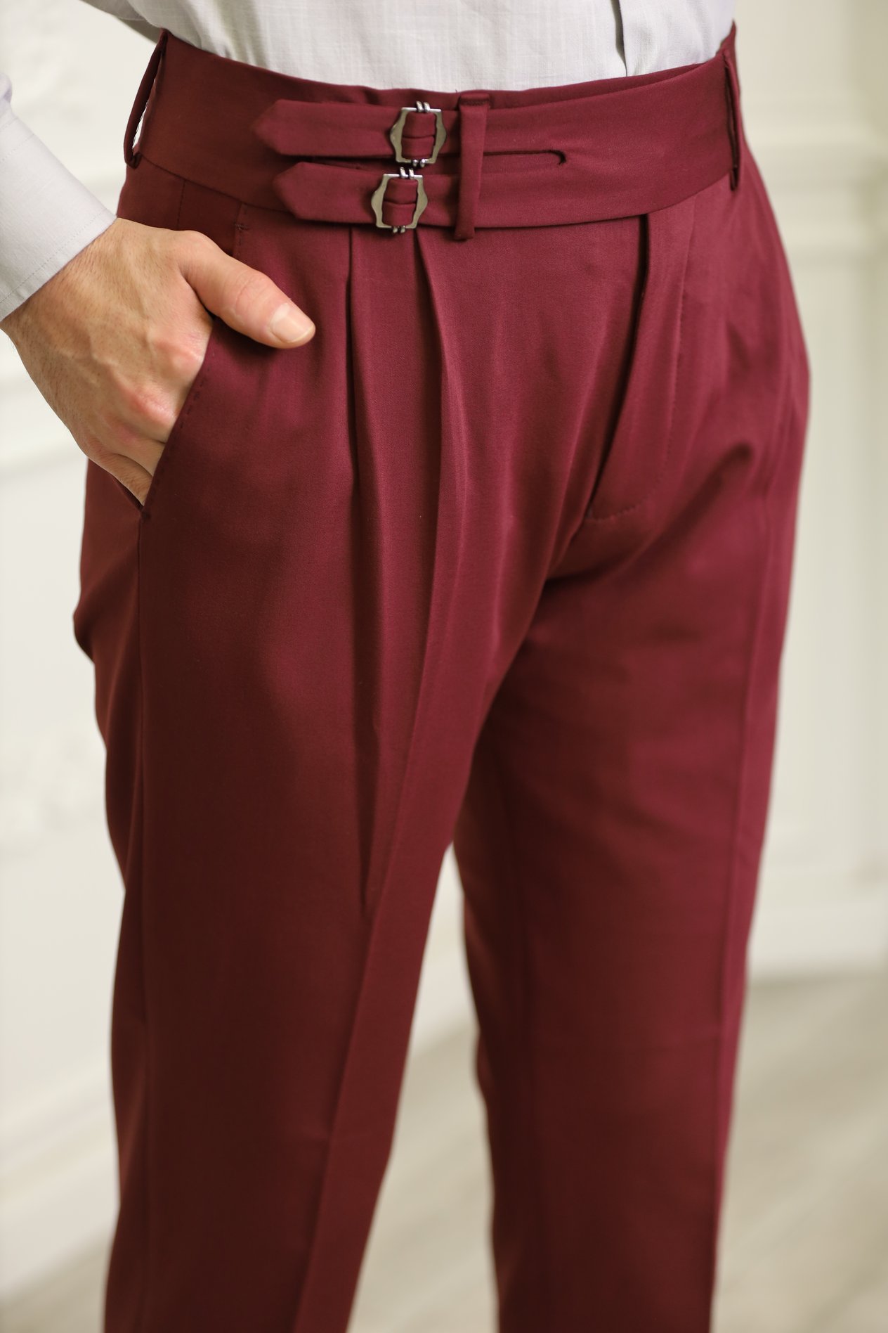 Erkek Slim Fit İtalyan Stil Tokalı Kanvas Pantolon-Bordo
