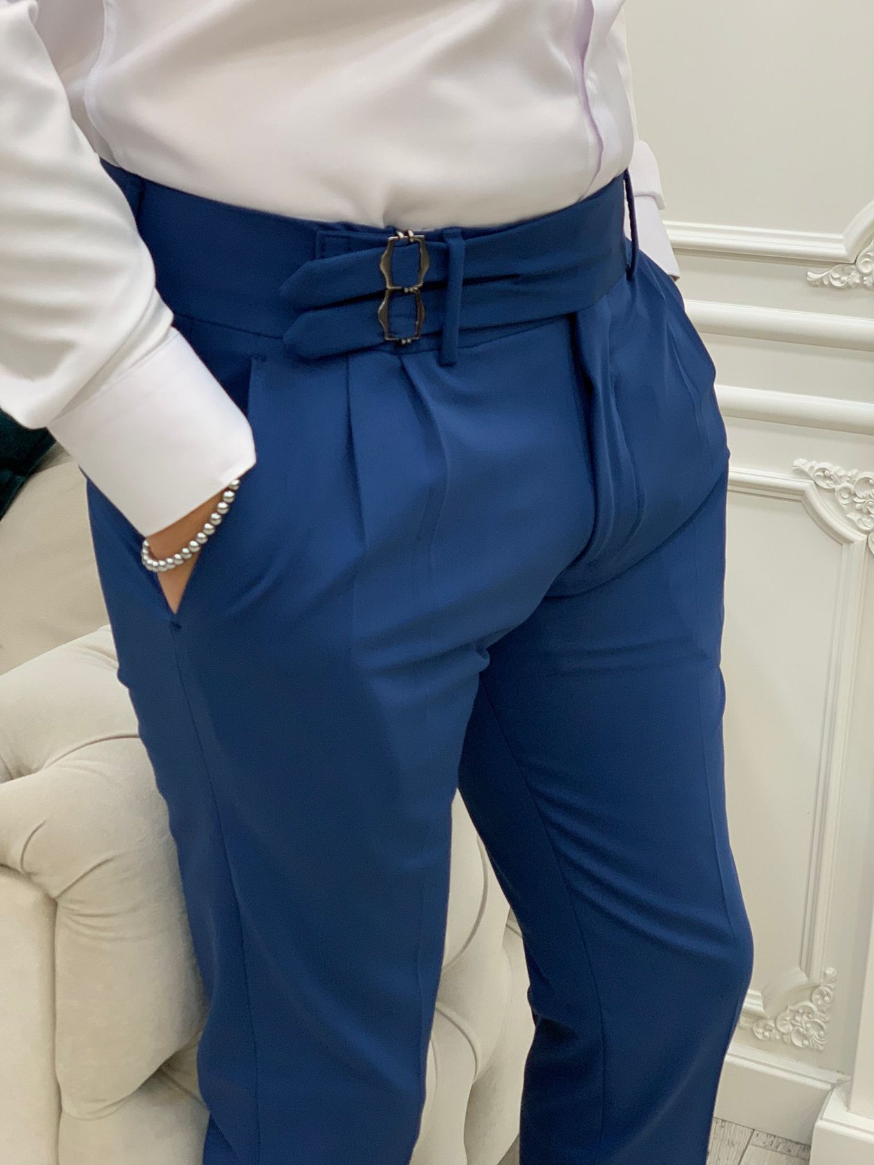 Erkek Slim Fit İtalyan Stil Tokalı Kanvas Pantolon-Mavi