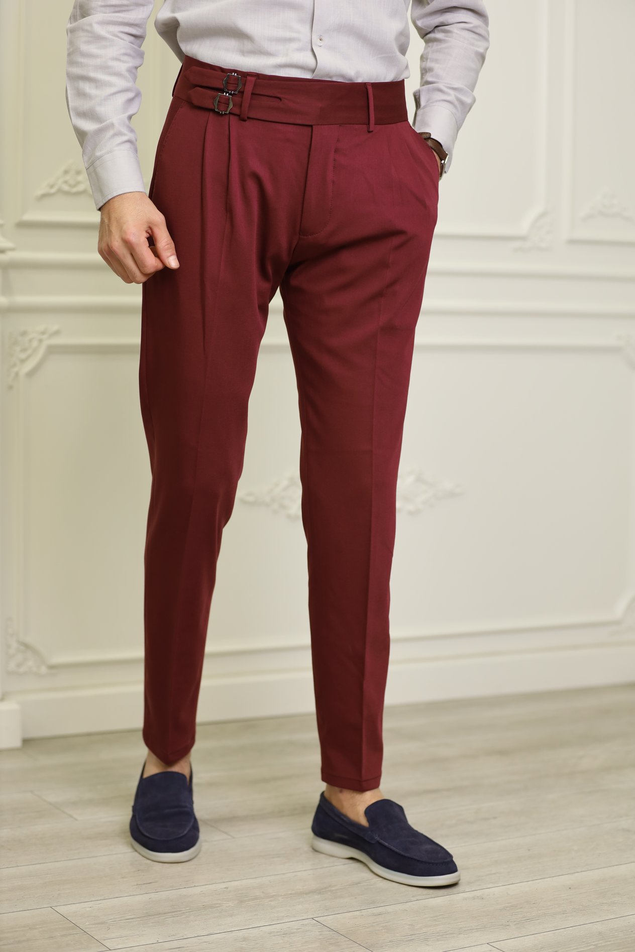 Erkek Slim Fit İtalyan Stil Tokalı Kanvas Pantolon-Bordo