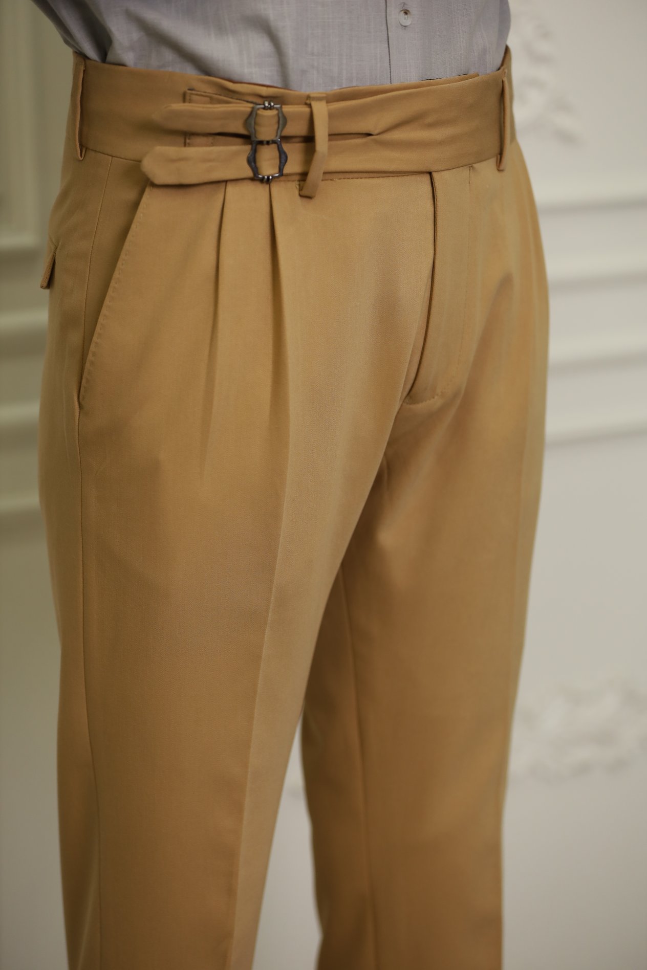 Erkek Slim Fit İtalyan Stil Tokalı Kanvas Pantolon-Krem