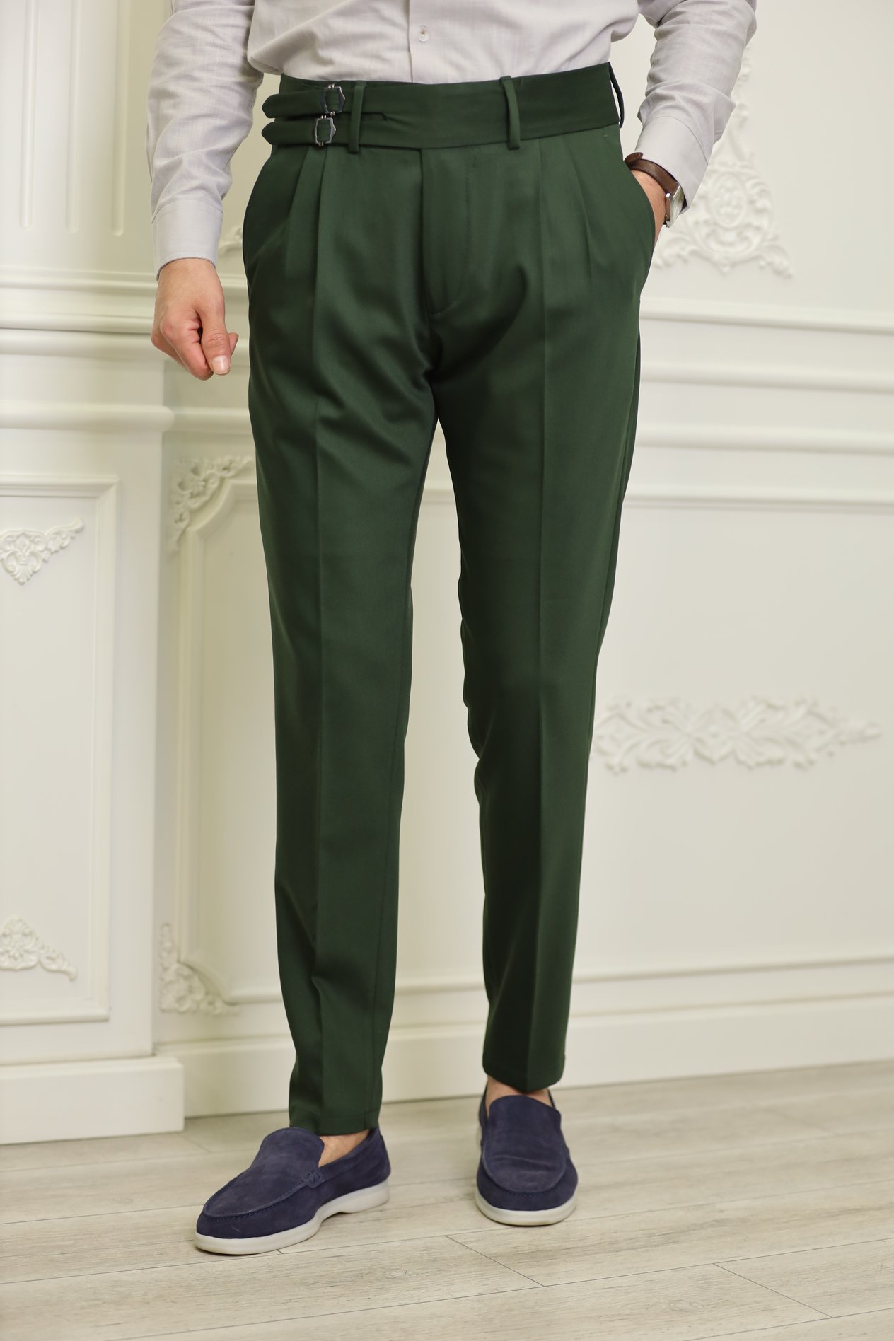 Erkek Slim Fit İtalyan Stil Tokalı Kanvas Pantolon-Yeşil