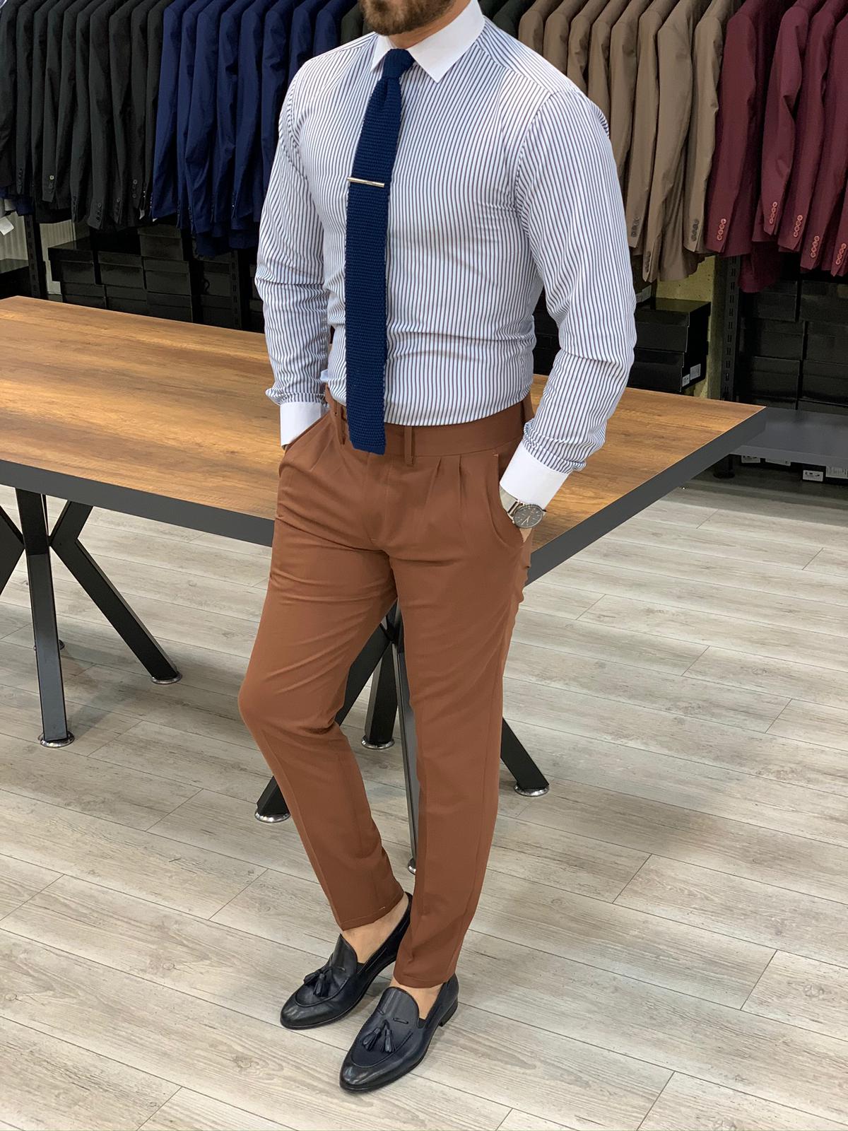 Erkek Slim Fit İtalyan Stil Tokalı Kanvas Pantolon-Kiremit