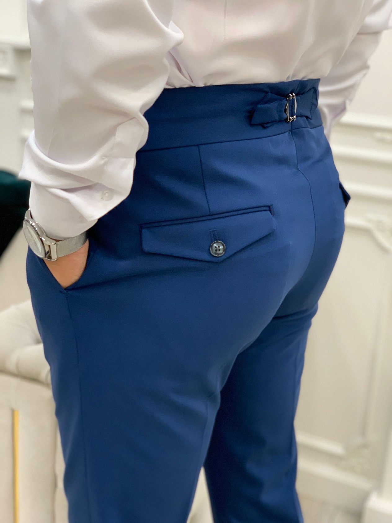 Erkek Slim Fit İtalyan Stil Tokalı Kanvas Pantolon-Mavi