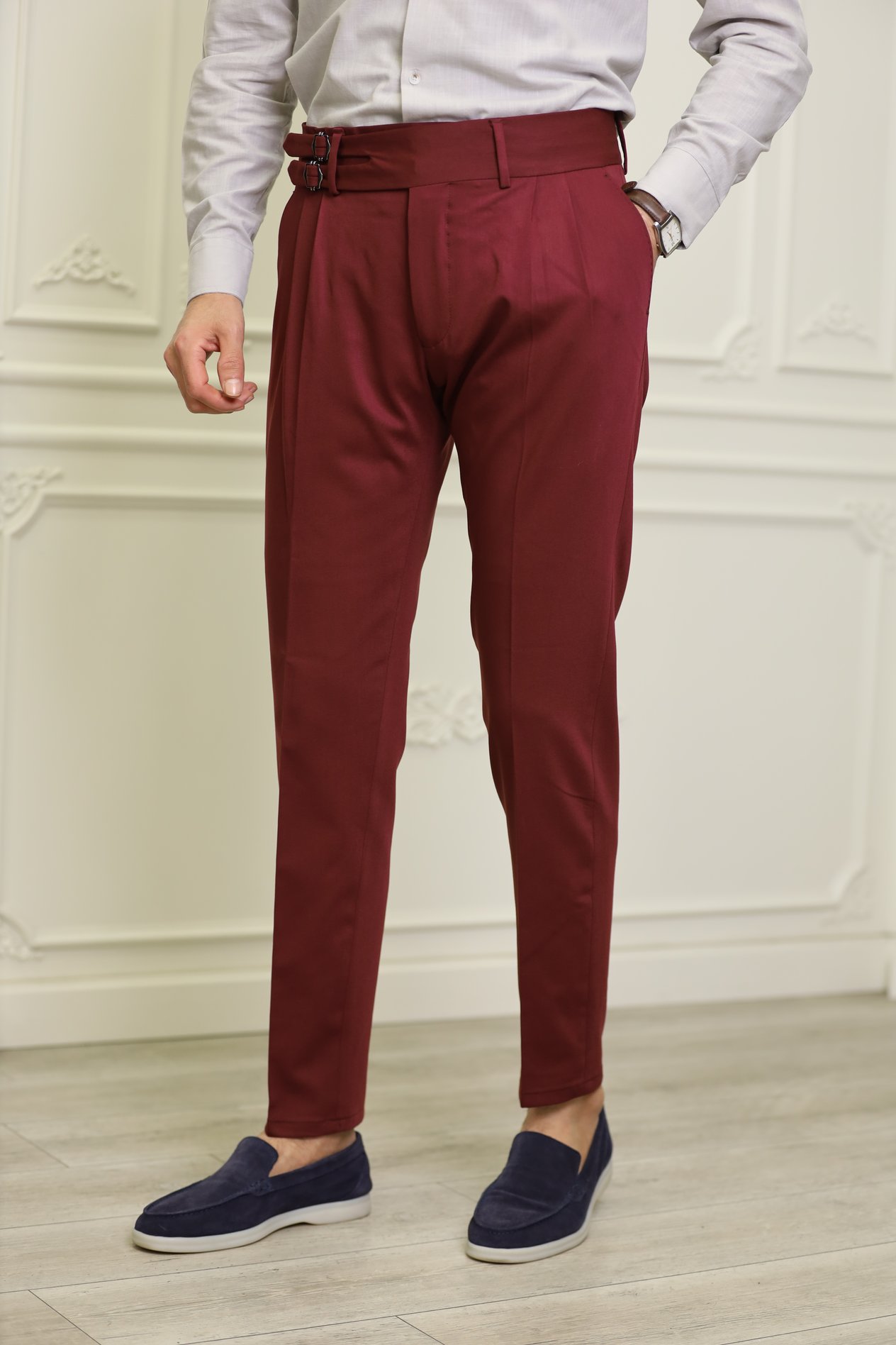 Erkek Slim Fit İtalyan Stil Tokalı Kanvas Pantolon-Bordo