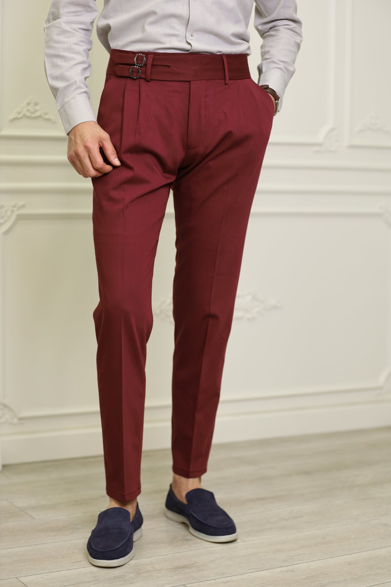 Erkek Slim Fit İtalyan Stil Tokalı Kanvas Pantolon-Bordo