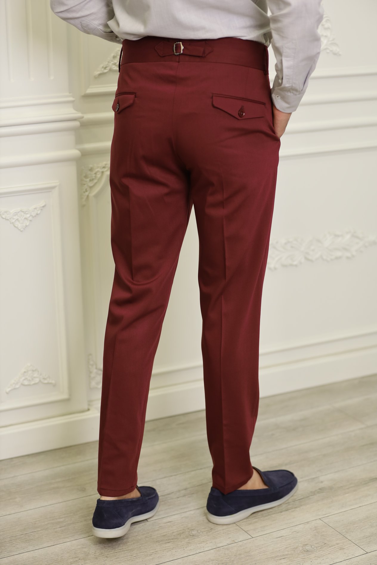 Erkek Slim Fit İtalyan Stil Tokalı Kanvas Pantolon-Bordo