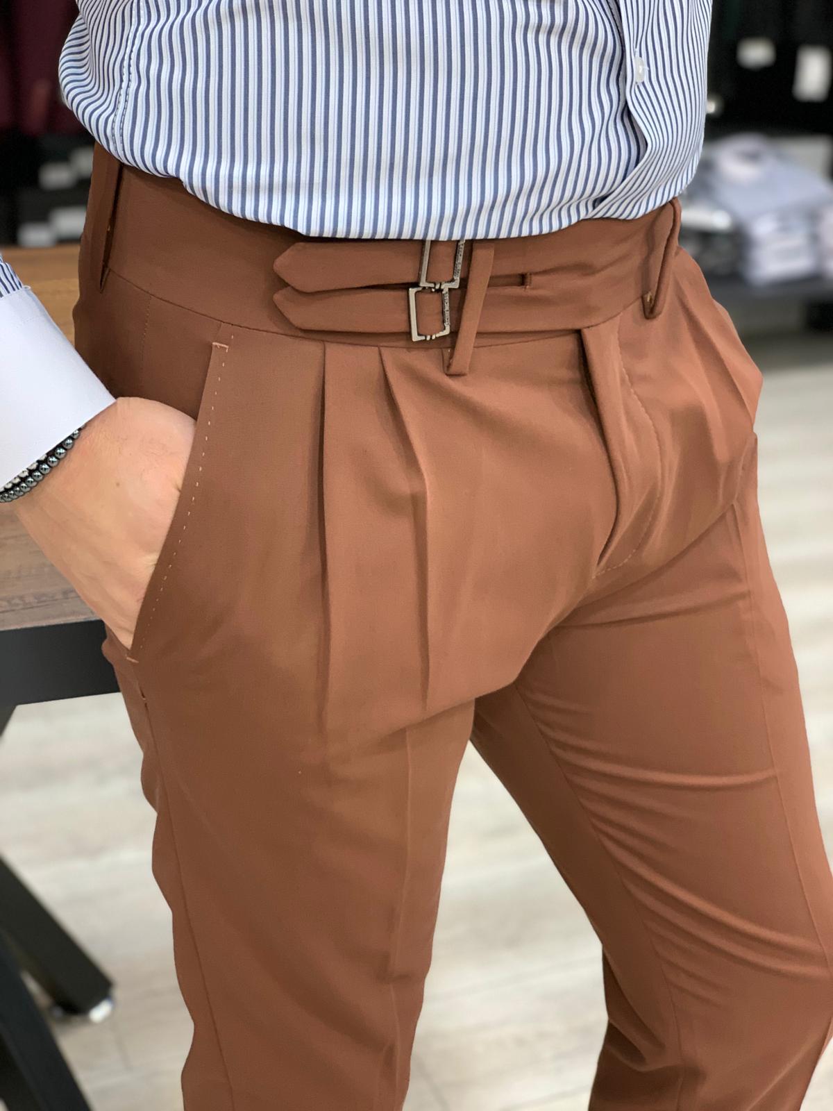 Erkek Slim Fit İtalyan Stil Tokalı Kanvas Pantolon-Kiremit