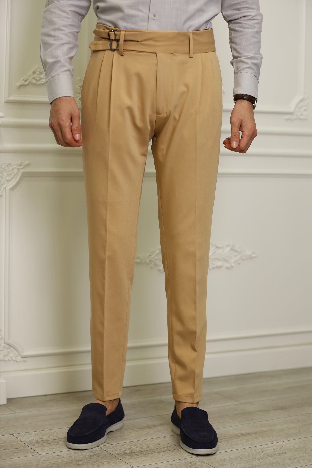 Erkek Slim Fit İtalyan Stil Tokalı Kanvas Pantolon-Krem