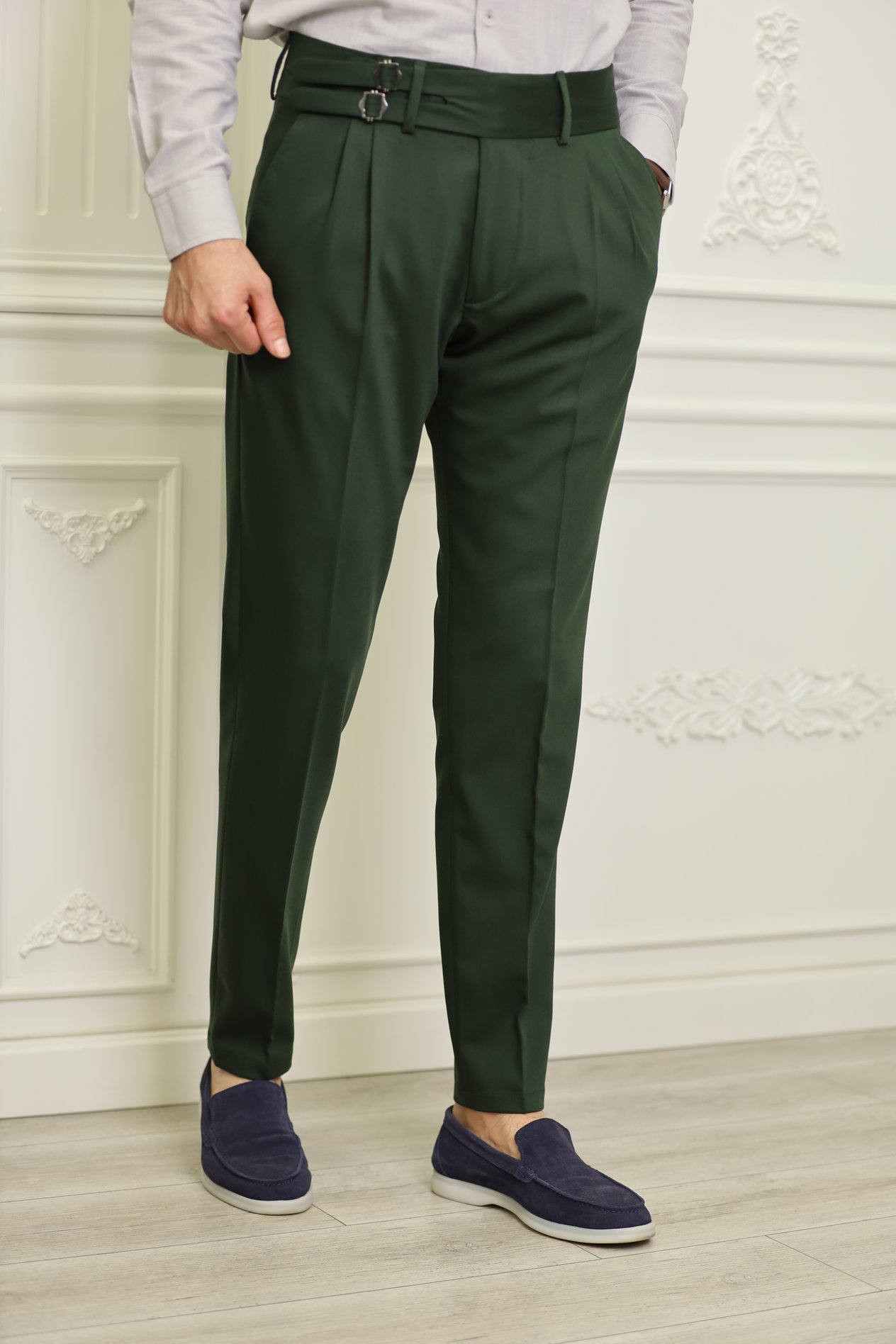 Erkek Slim Fit İtalyan Stil Tokalı Kanvas Pantolon-Yeşil