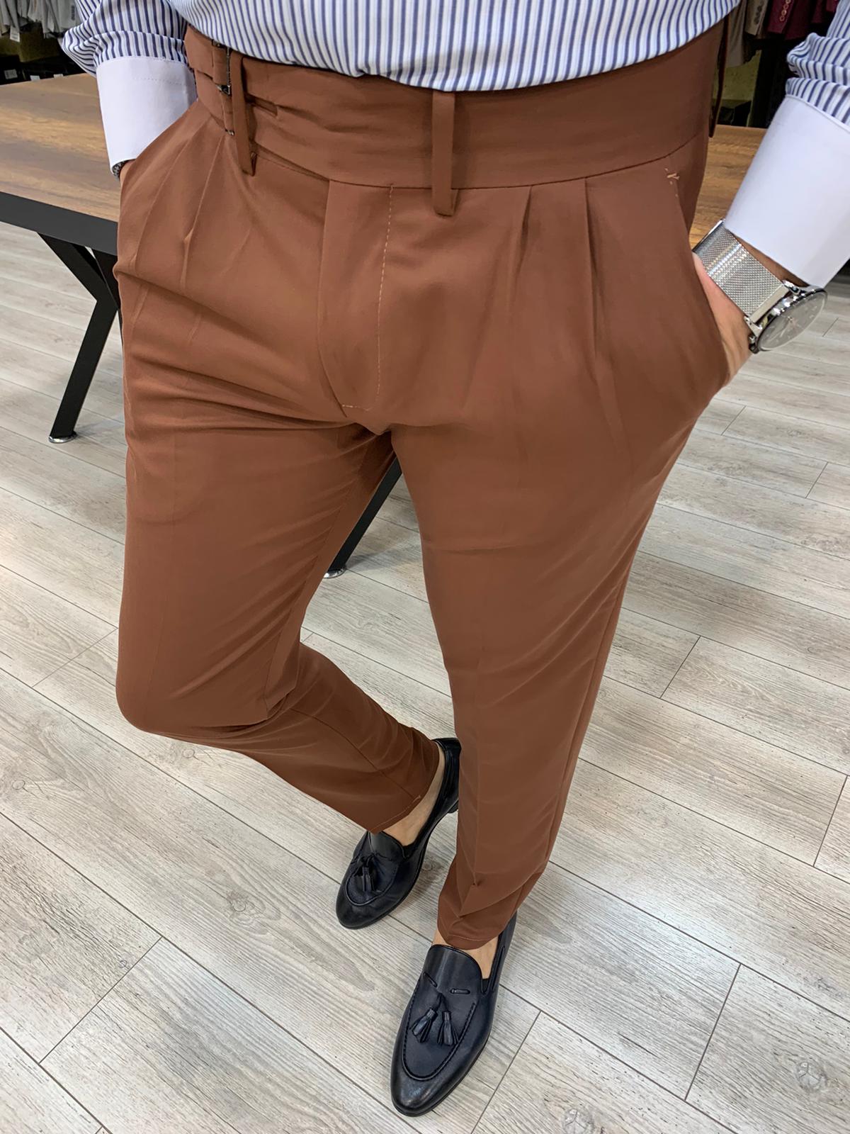 Erkek Slim Fit İtalyan Stil Tokalı Kanvas Pantolon-Kiremit