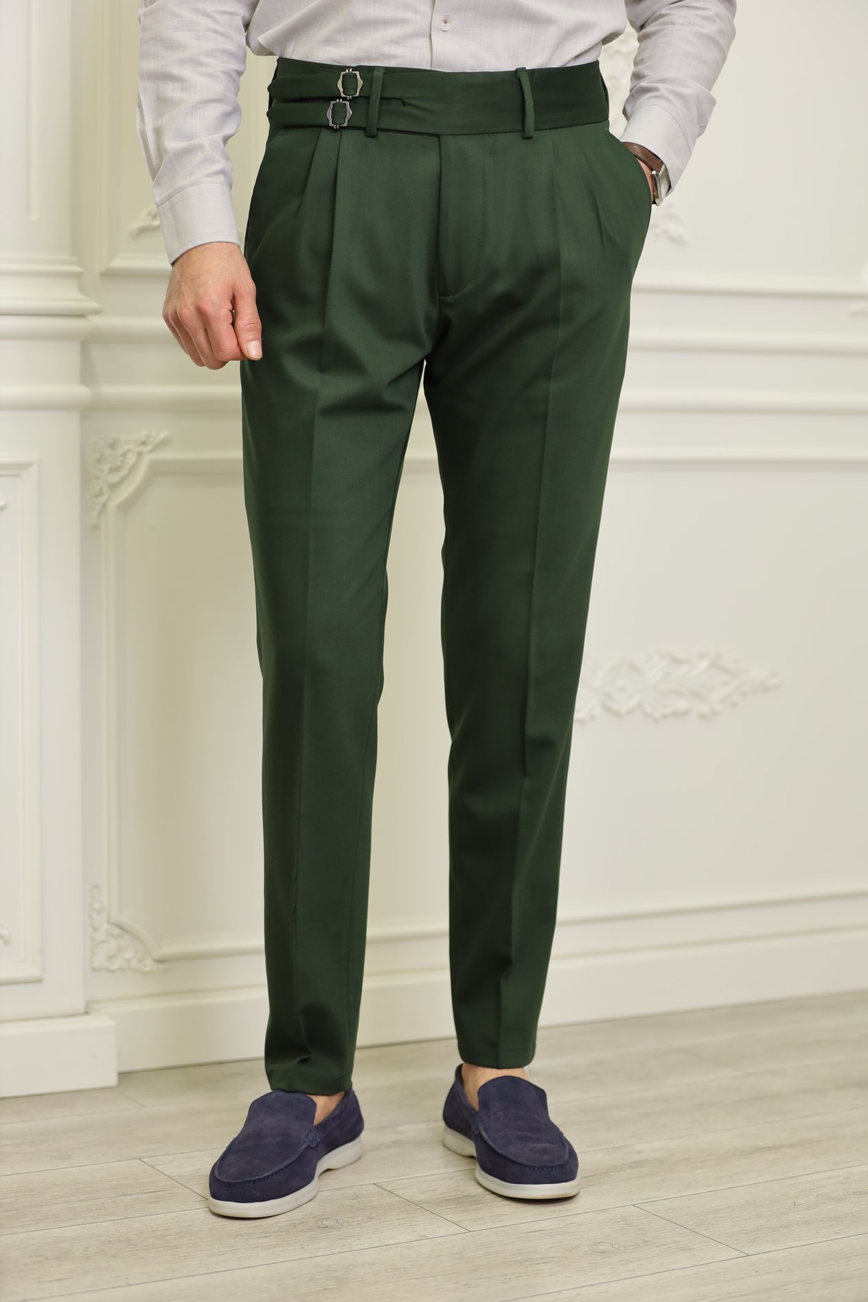 Erkek Slim Fit İtalyan Stil Tokalı Kanvas Pantolon-Yeşil