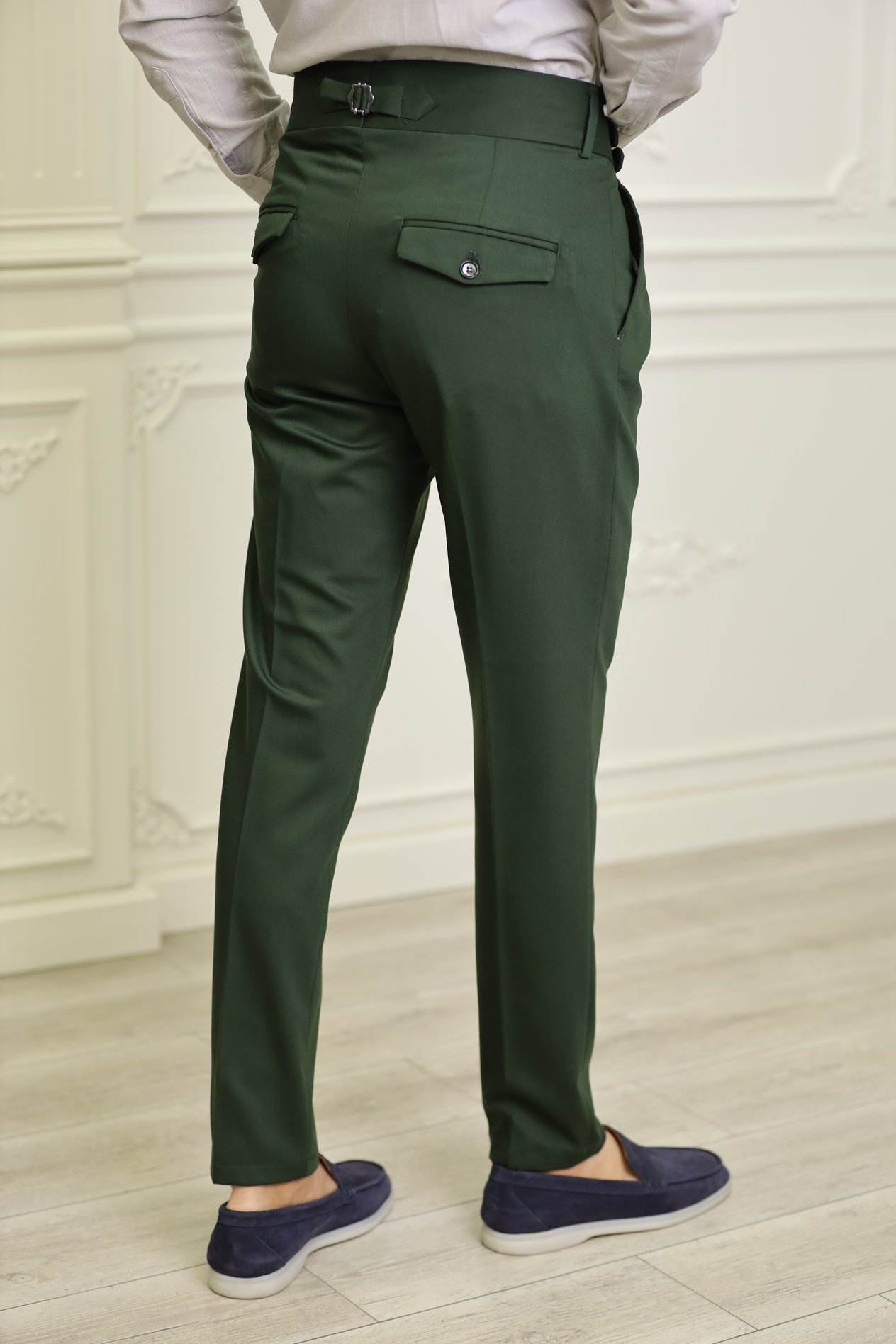 Erkek Slim Fit İtalyan Stil Tokalı Kanvas Pantolon-Yeşil