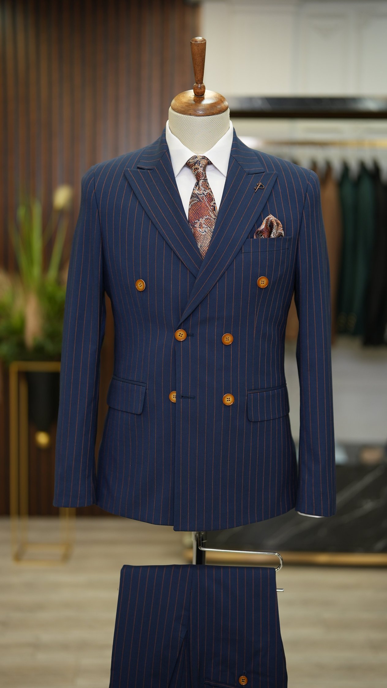 Erkek Slim Fit Kruvaze Takım Elbise Ceket Pantolon - Lacivert