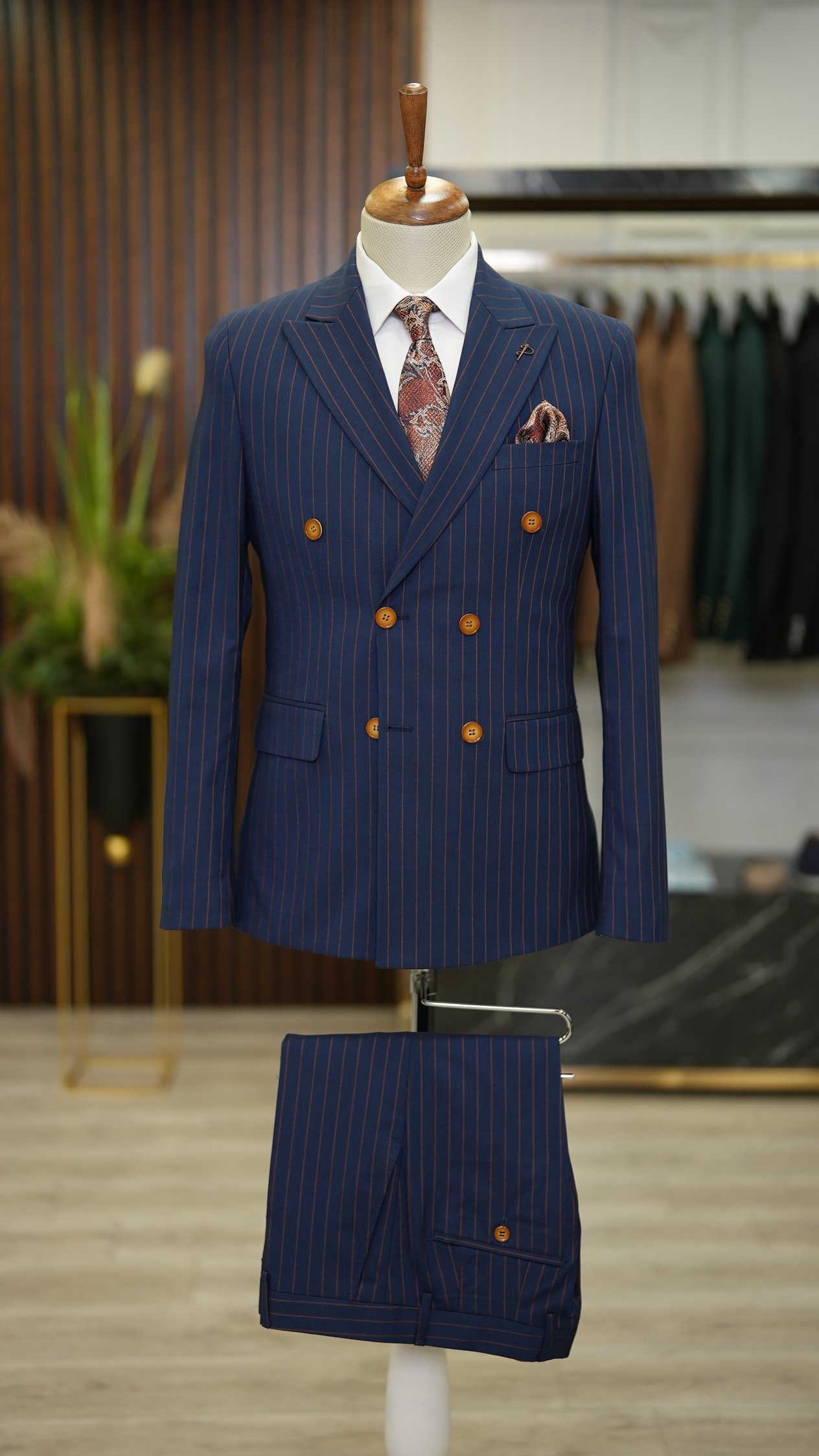 Erkek Slim Fit Kruvaze Takım Elbise Ceket Pantolon - Lacivert