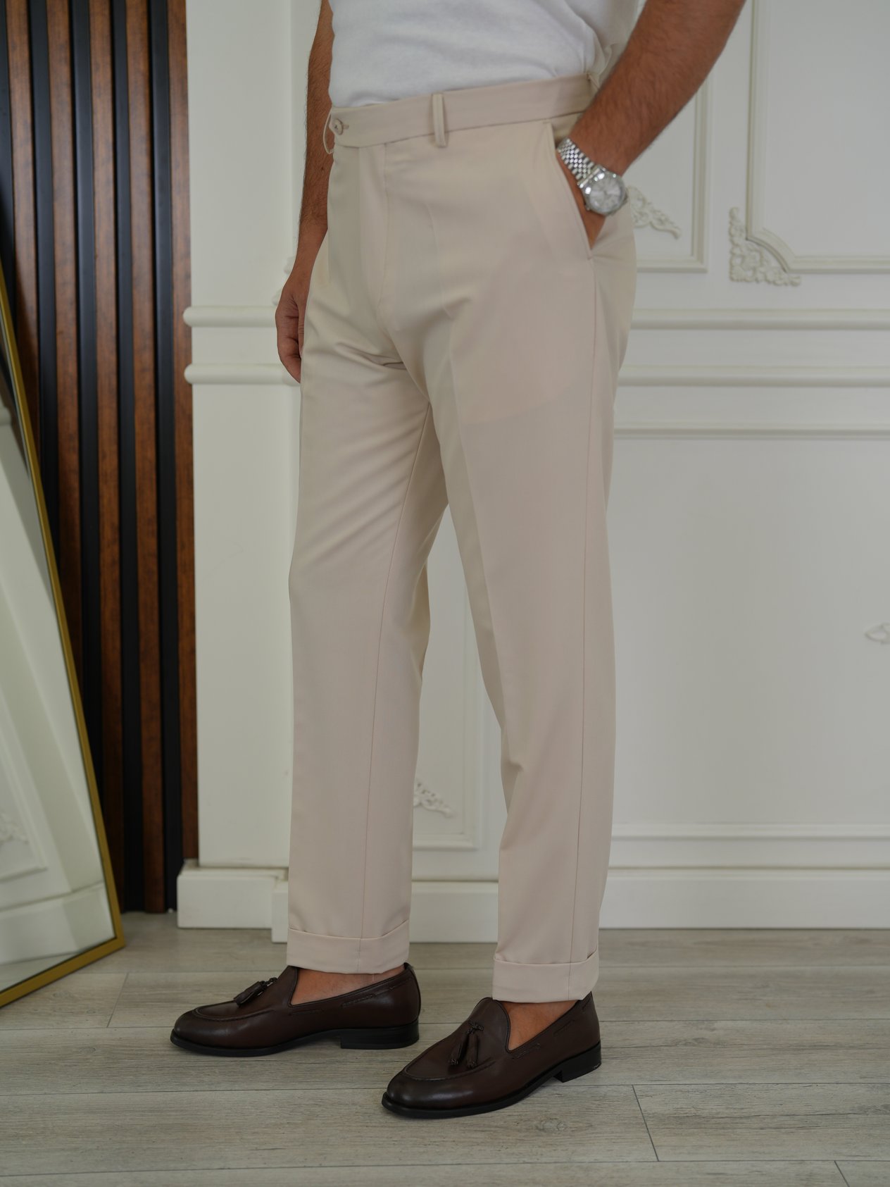 Erkek Slim Fit Yüksek Bel Duble Paça Kumaş Pantolon - Bej